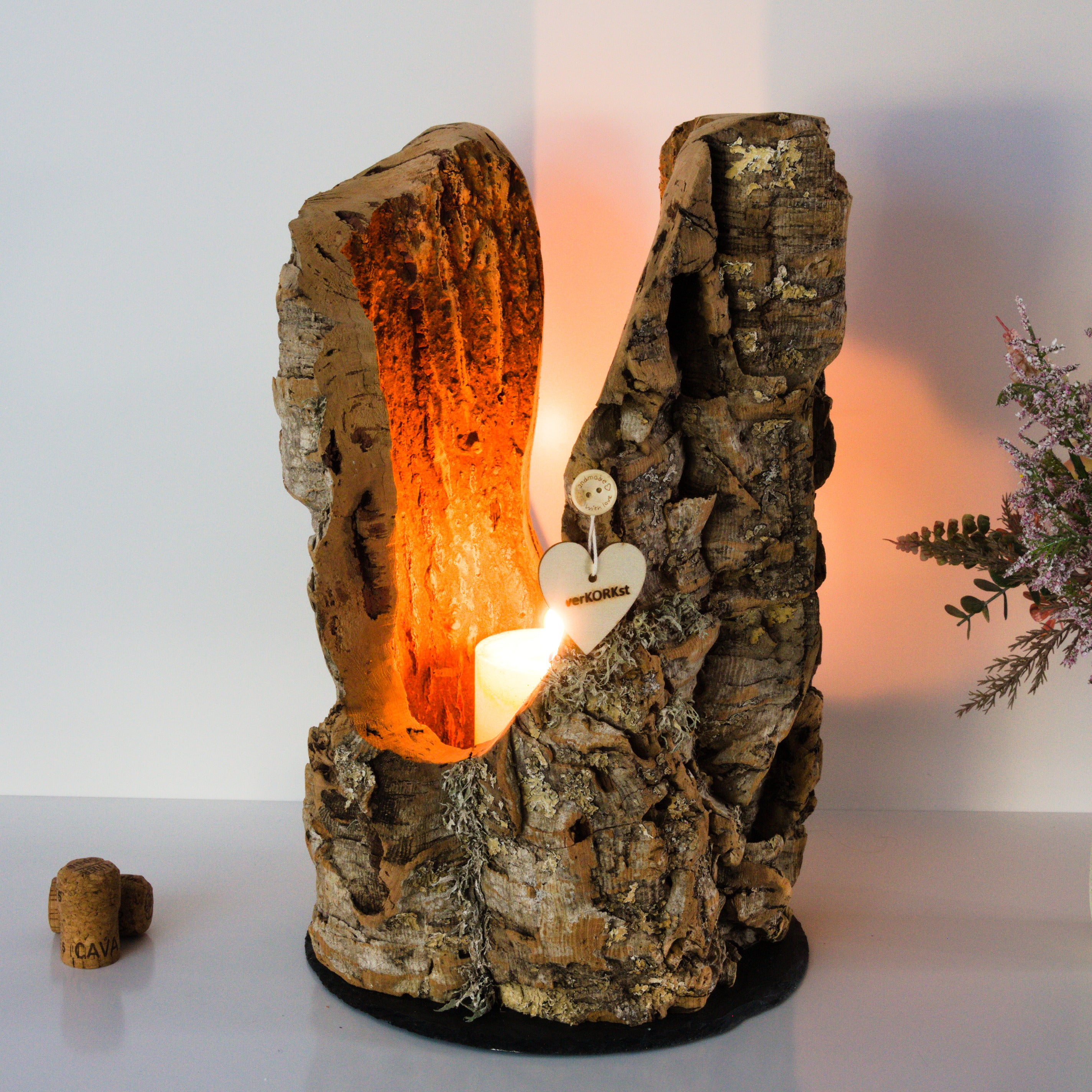 verKORKst Premium Windlicht und Tischlampe aus Korkrinde * Tischleuchte * Teelichthalter Kerzenhalter * rustikale Dekoration * handmade * Unikat