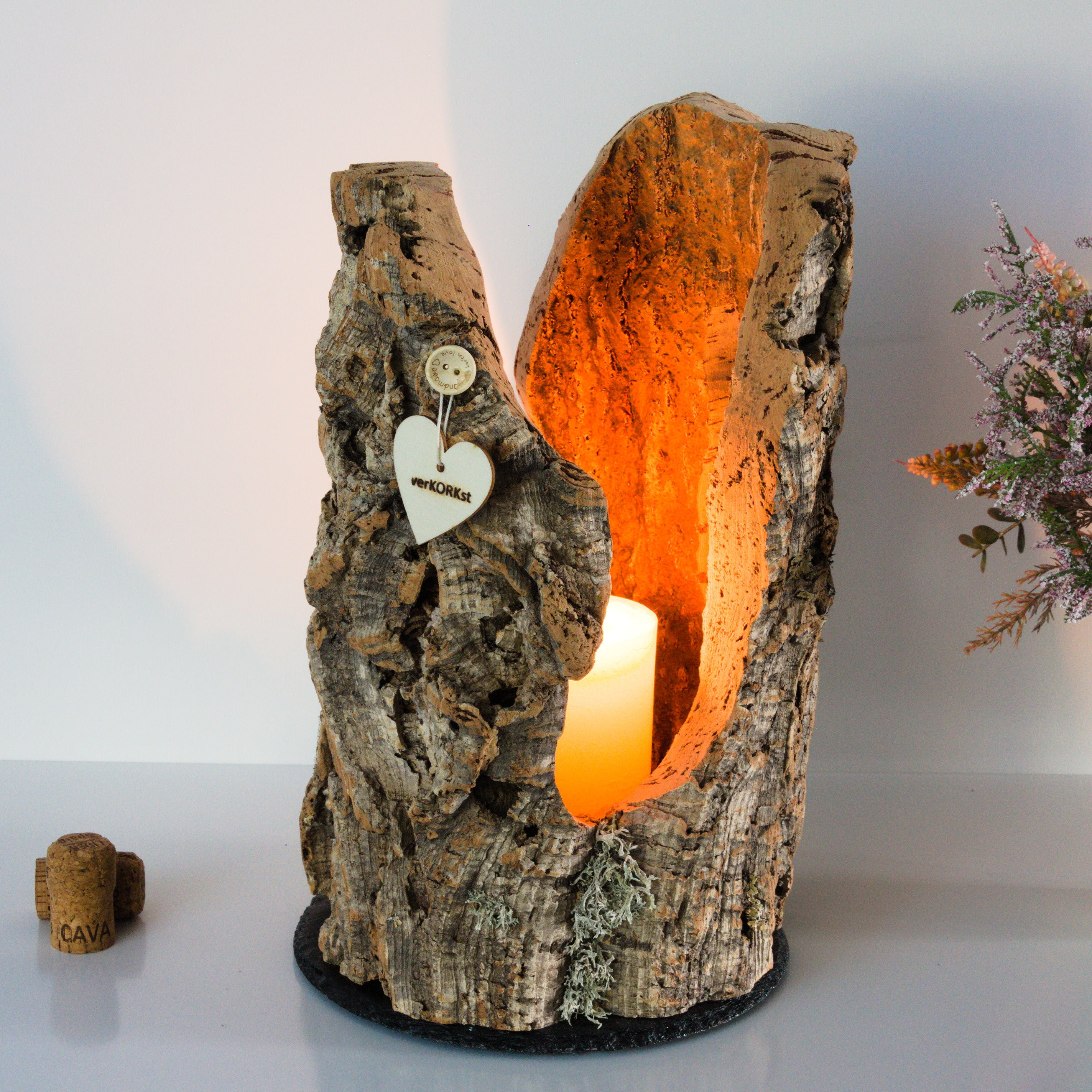 verKORKst Premium Windlicht und Tischlampe aus Korkrinde * Tischleuchte * Teelichthalter Kerzenhalter * rustikale Dekoration * handmade * Unikat