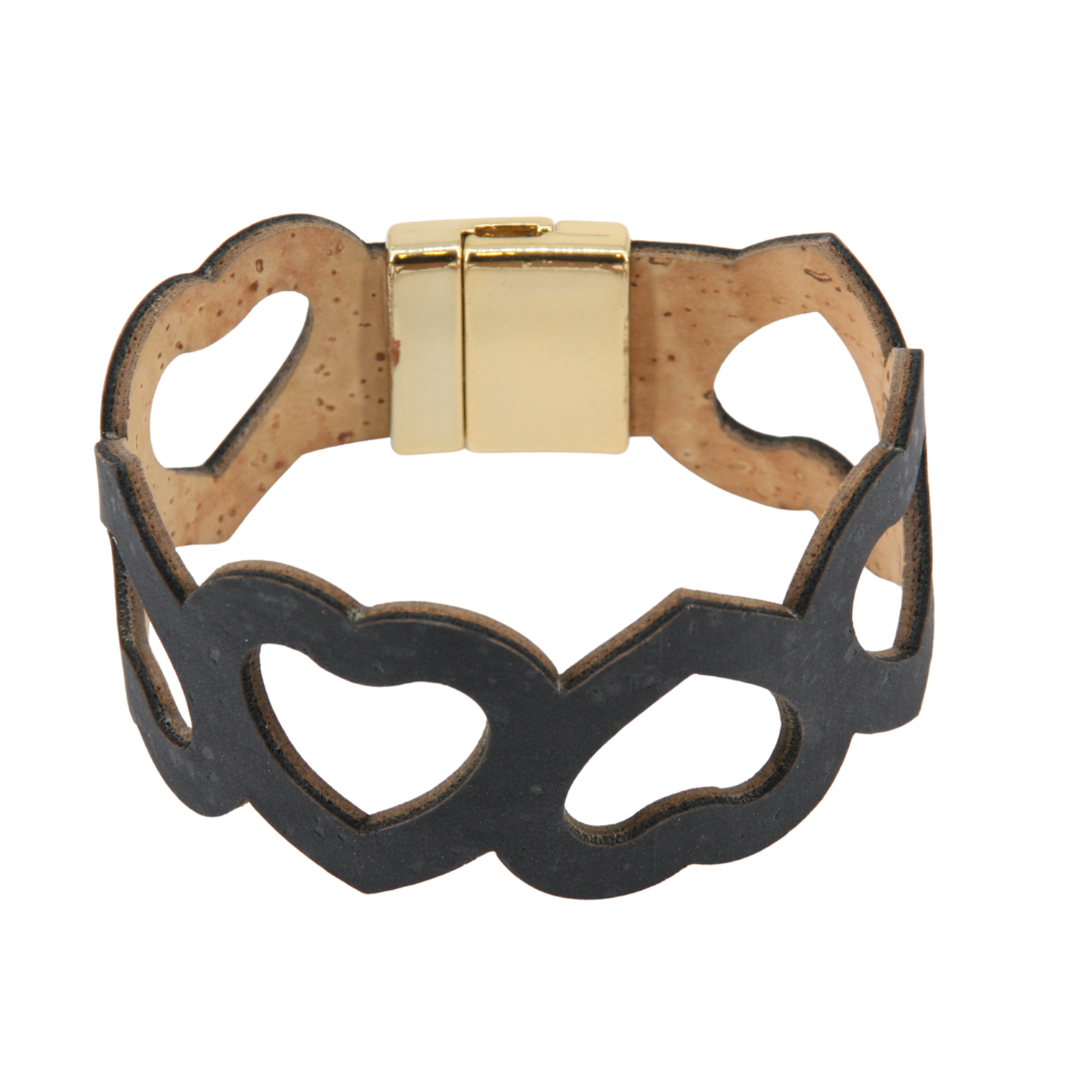 Armband aus Kork * Motiv große Herzen schwarz * handmade in Portugal * extrem nachhaltig * vegan * nickel- u. bleifrei