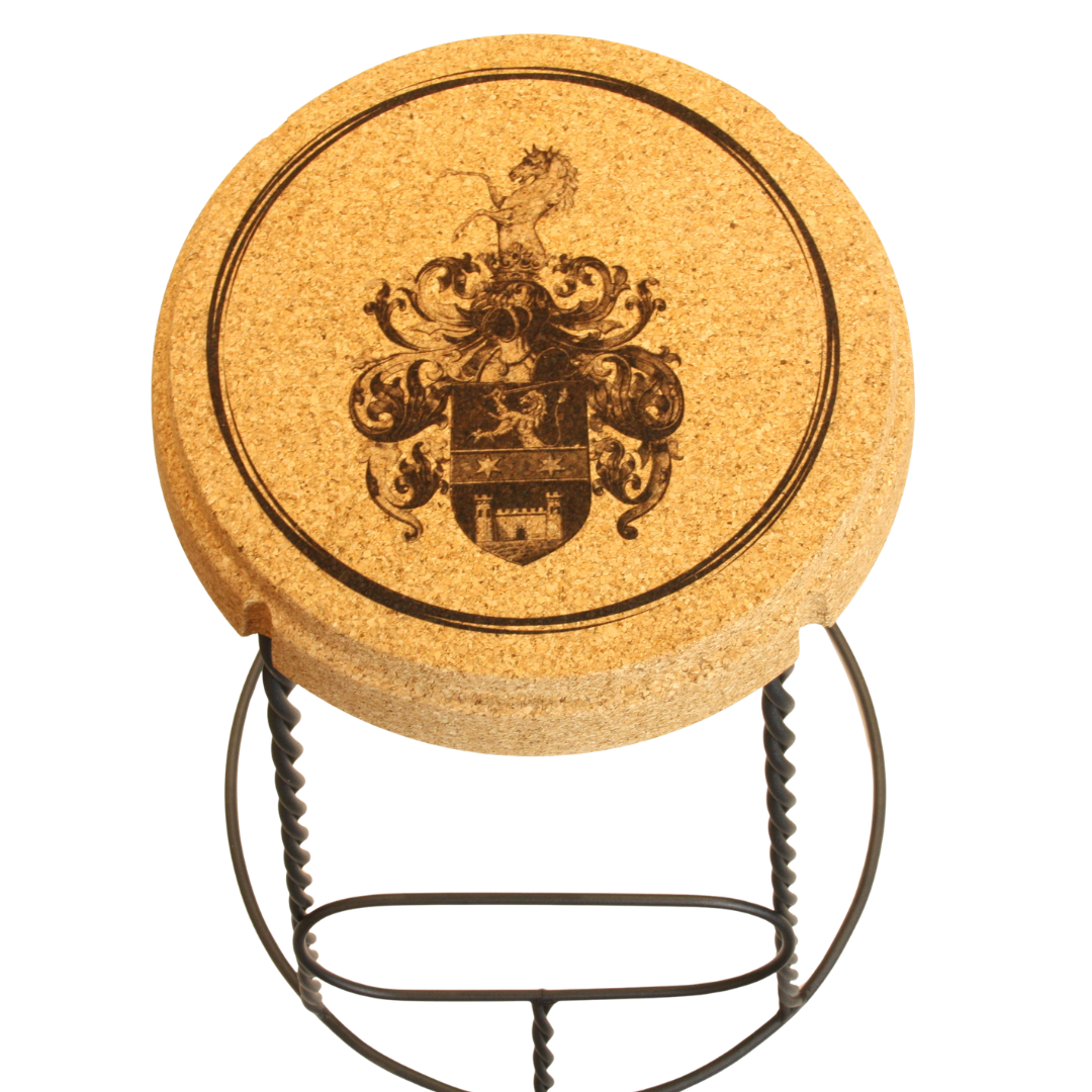 verKORKst Premium Champagner Hocker und Champagner Tisch aus Kork und Metall * Individualisierbar * Stapelbar * Bar Stool und Bar Table * Muselet Design * Vintage Barhocker und Bartisch