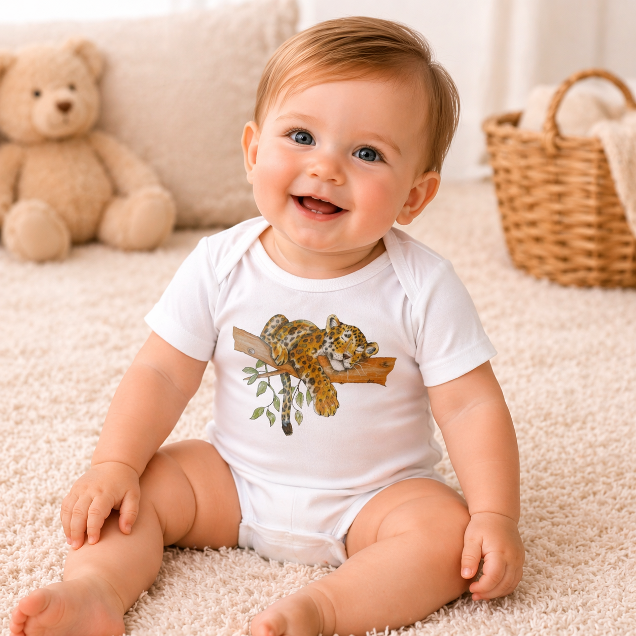 Baby Body Kurzarm * 9 bis 24 Monate * Print Vorderseite Leopard * weiß * Body * regarts.de * 100% Baumwolle