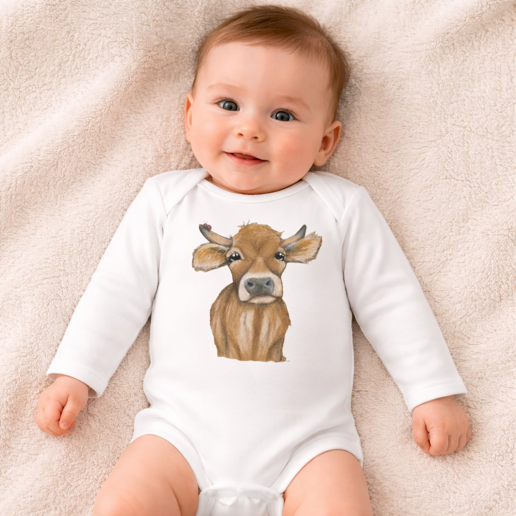Baby Body Langarm Longsleeve * 0 bis 9 Monate * Print Vorderseite Kuh * weiß * Body * regarts.de * 100% Baumwolle