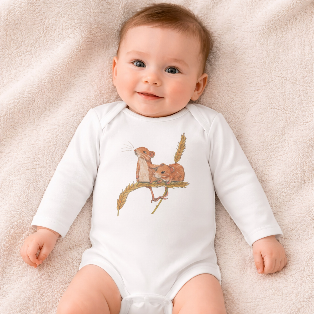 Baby Body Langarm Longsleeve * 0 bis 9 Monate * Print Vorderseite Mäuse * weiß * Body * regarts.de * 100% Baumwolle