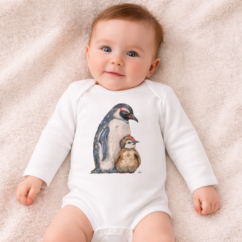 Baby Body Langarm Longsleeve * 0 bis 9 Monate * Print Vorderseite Pinguine * weiß * Body * regarts.de * 100% Baumwolle