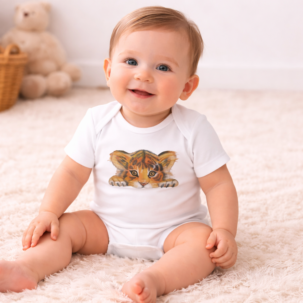 Baby Body Kurzarm * 9 bis 24 Monate * Print Vorderseite Tiger * weiß * Body * regarts.de * 100% Baumwolle