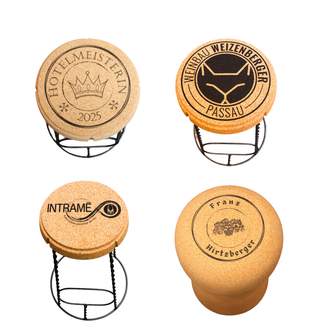 verKORKst Premium Kork-Beistelltisch und Hocker in Form eines riesigen Champagnerkorken * Individualisierbar * Bar-Stool und Bar-Table * XL Champagner Kork Barhocker und Bartisch