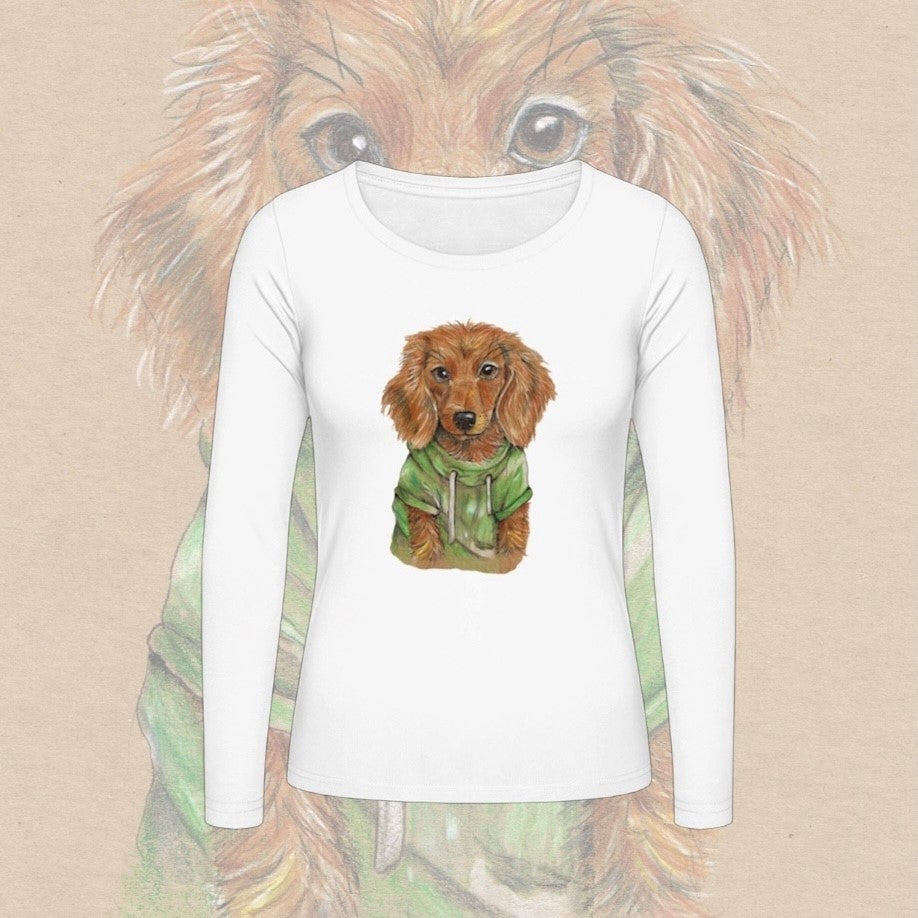 Damen T-Shirt Langarm * Print Vorderseite * Dackel * weiß * Longsleeve * regarts.de * 100% Baumwolle
