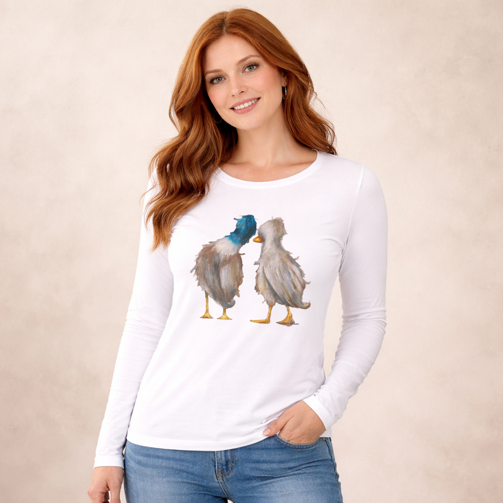 Damen T-Shirt Langarm * Print Vorderseite * Enten * weiß * Longsleeve * regarts.de * 100% Baumwolle