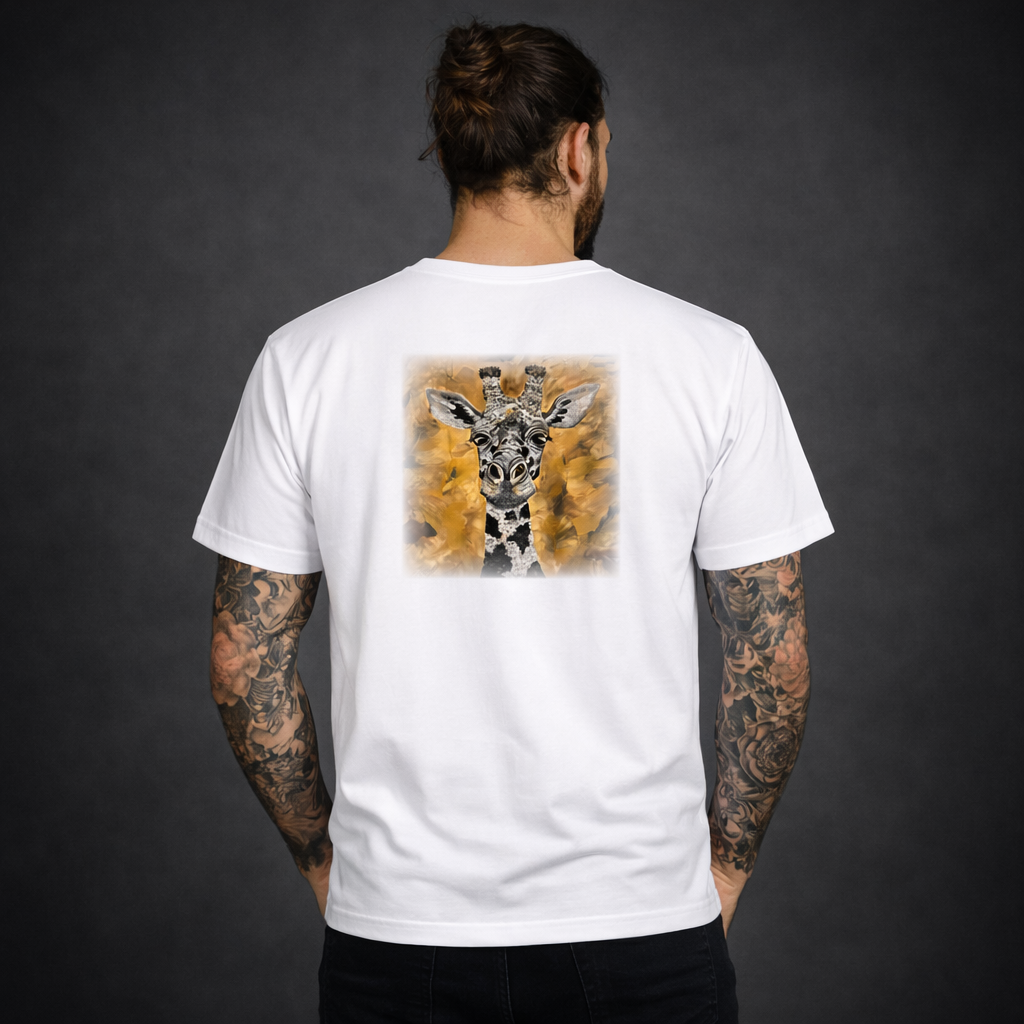 Unisex T-Shirt * handsigniert * Unikate * Kunstprint Vorder- & Rückseite * Giraffe * weiß * T-Shirt * Nirtak Eleböz * 100% Baumwolle