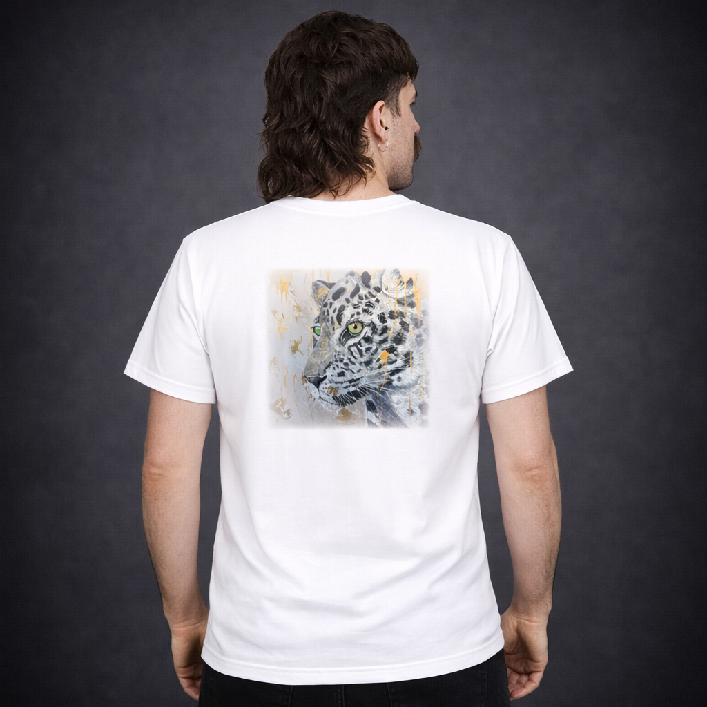 Unisex T-Shirt * handsigniert * Unikate * Kunstprint Vorder- & Rückseite * Leopard * weiß * T-Shirt * Nirtak Eleböz * 100% Baumwolle