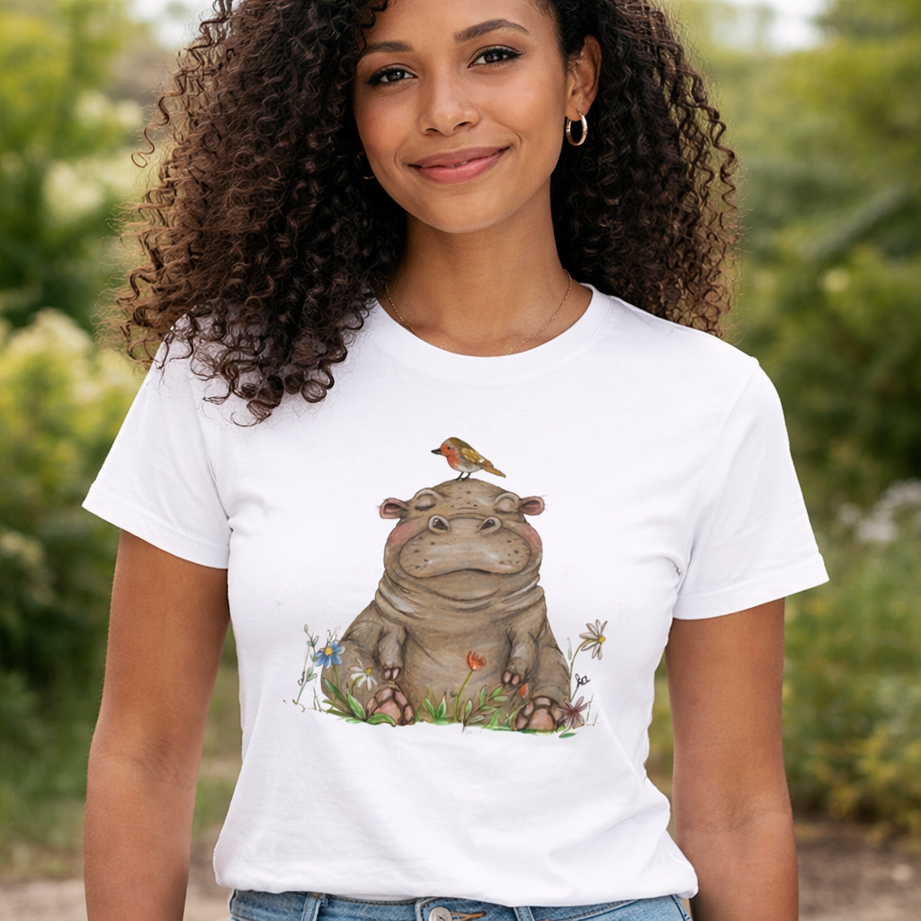 Damen T-Shirt * Print Vorderseite * Nilpferd * weiß * T-Shirt * regarts.de * 100% Baumwolle