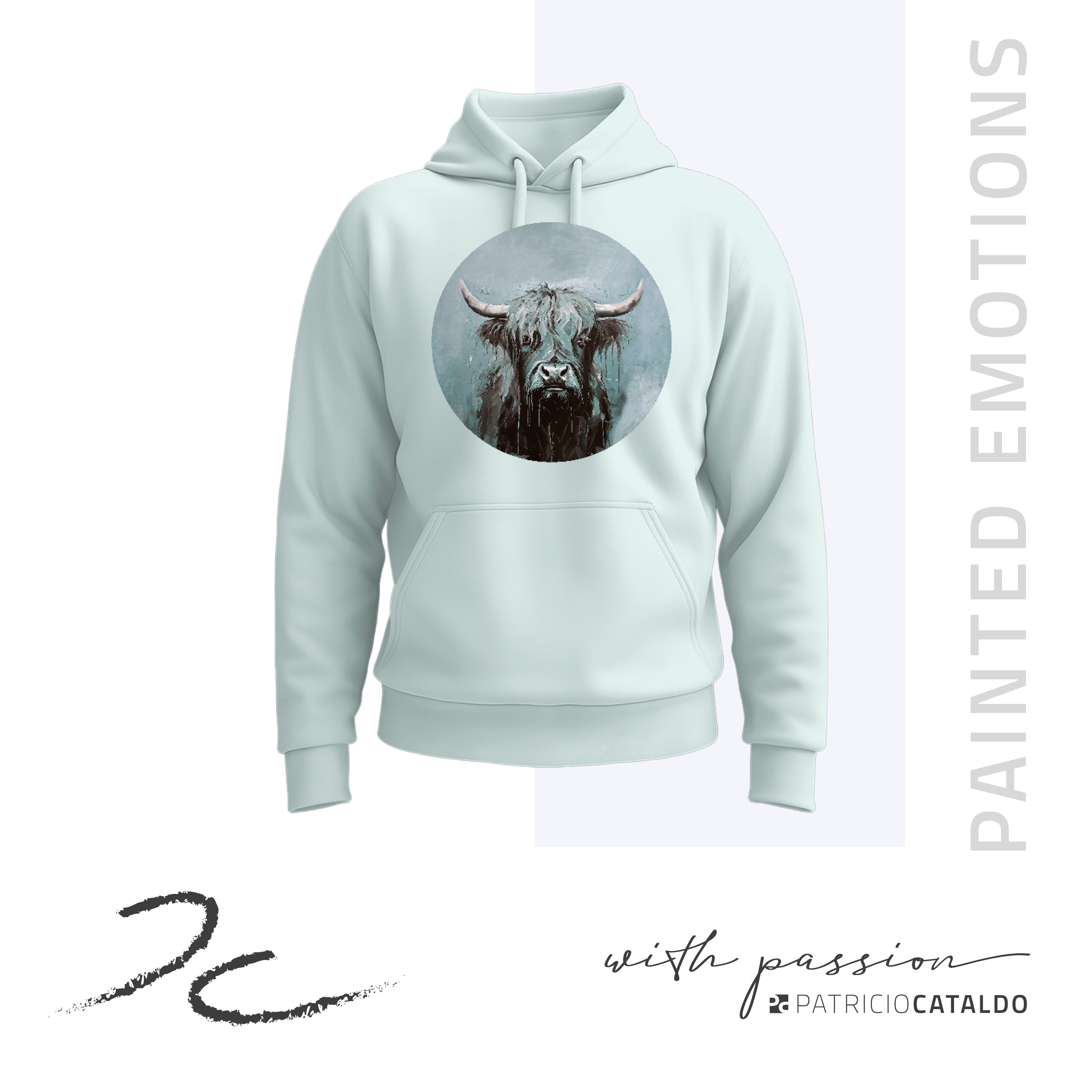 Unisex Kapuzenpullover * Hoodie * Kuh "Vreni" Print * arktisblau * Patricio Cataldo * 80% Bio Baumwolle * 20% recycelter Polyester * Hergestellt in Polen