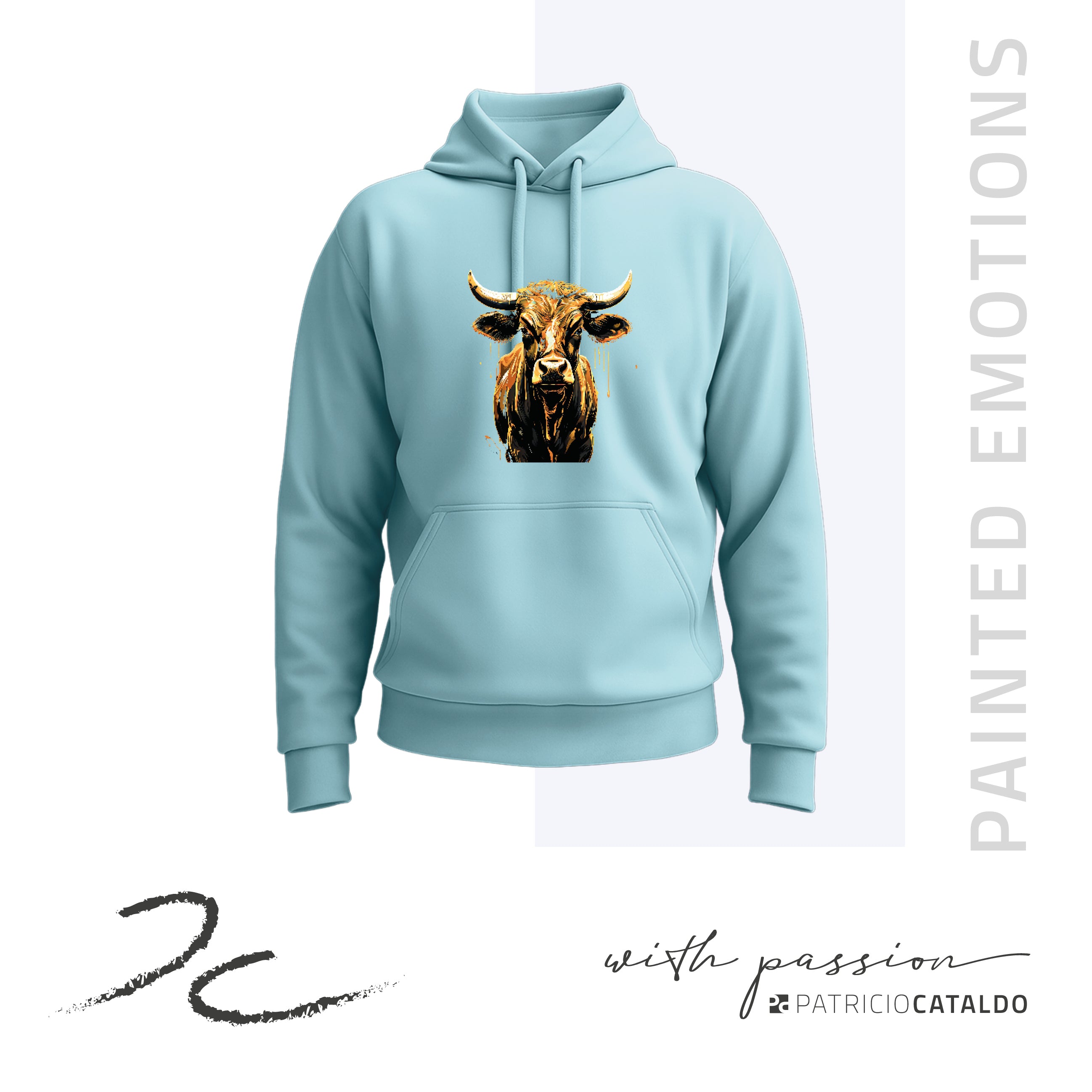 Unisex Kapuzenpullover * Hoodie * blau * Kuh "Aurora" Print * Patricio Cataldo * 80% Bio Baumwolle * 20% recycelter Polyester * Hergestellt in Polen