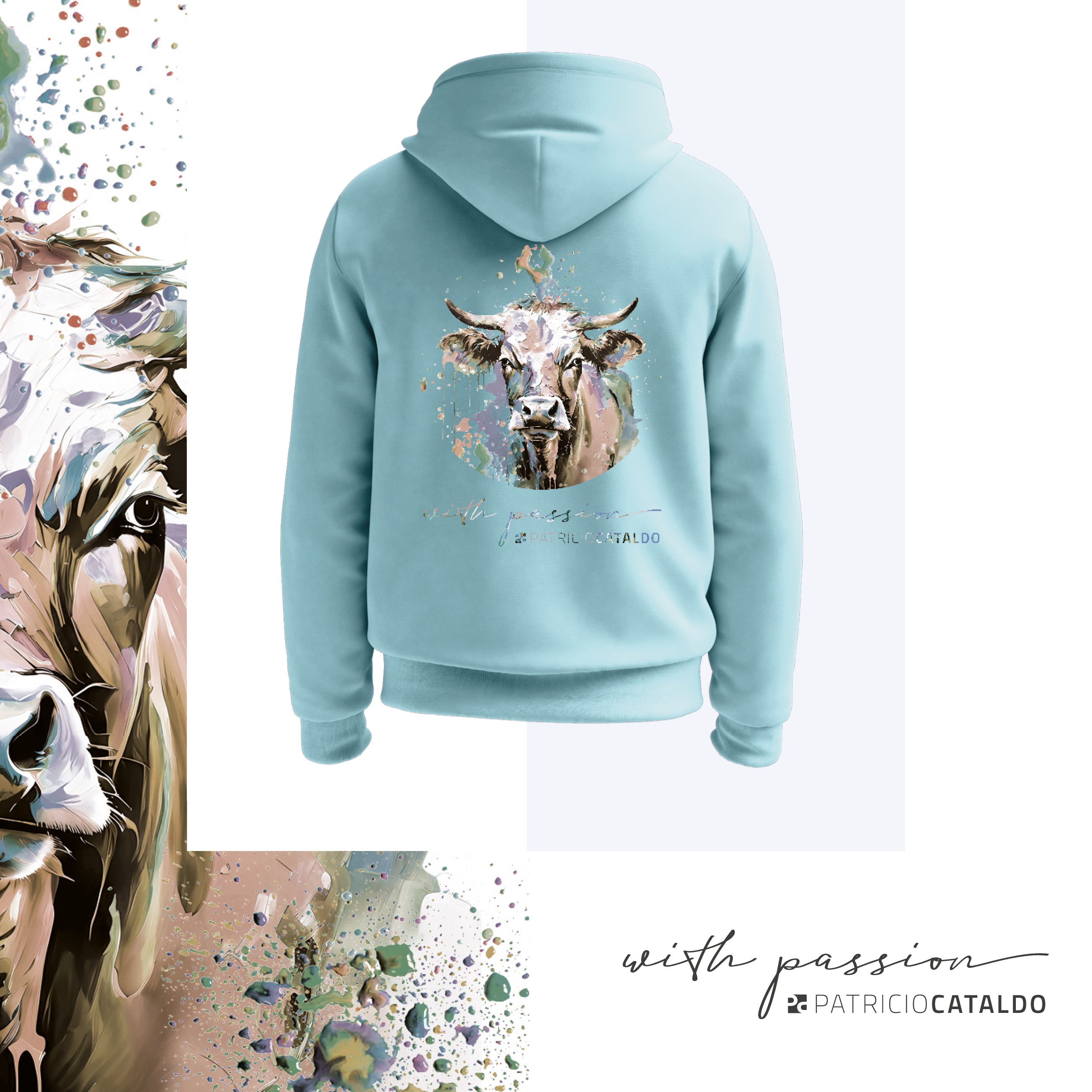 Unisex Kapuzenpullover * Hoodie * Kuh "Mimi" Print * Patricio Cataldo * 80% Bio Baumwolle * 20% recycelter Polyester * Hergestellt in Polen