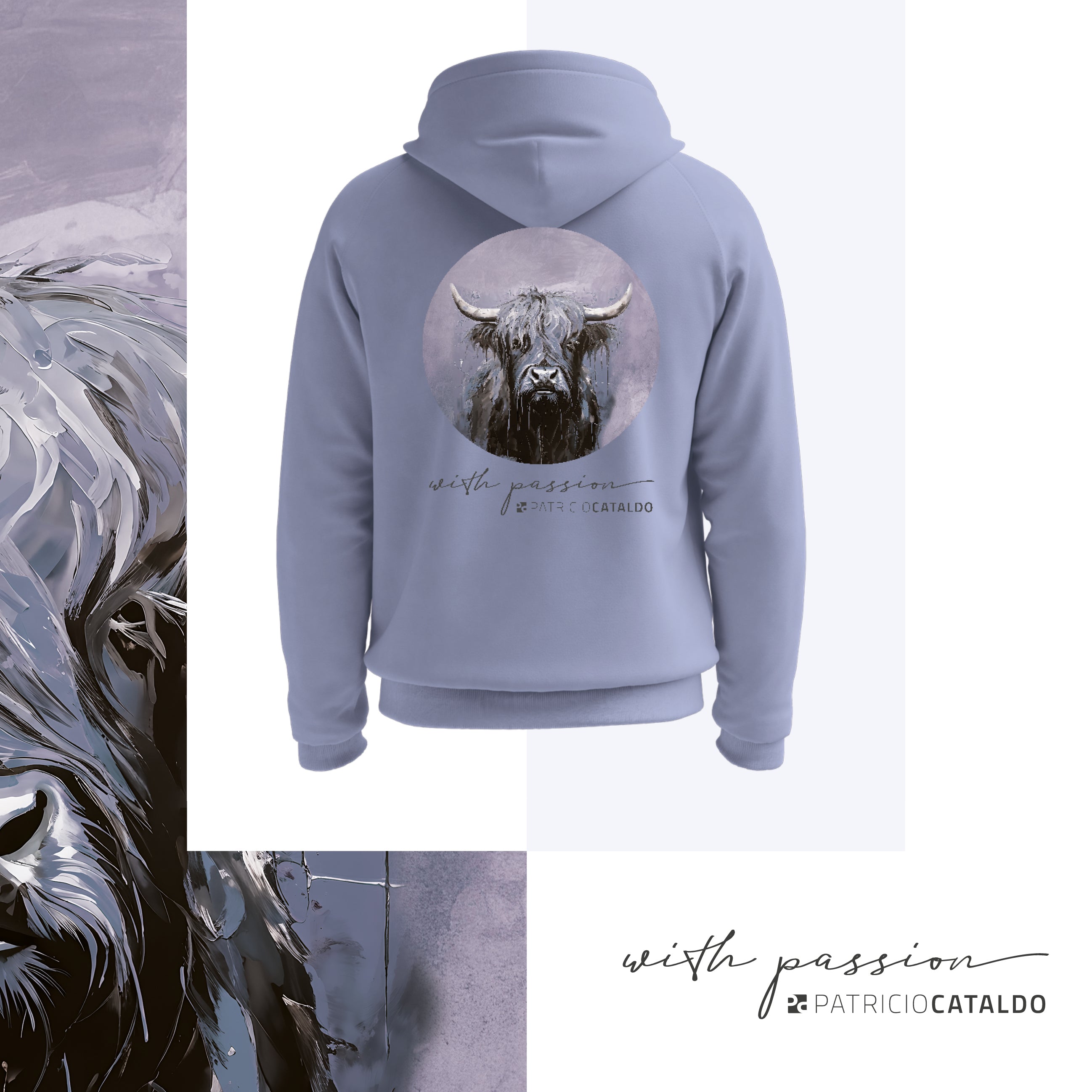 Unisex Kapuzenpullover * Hoodie * Kuh "Vreni" Print * lila blau* Patricio Cataldo * 80% Bio Baumwolle * 20% recycelter Polyester * Hergestellt in Polen