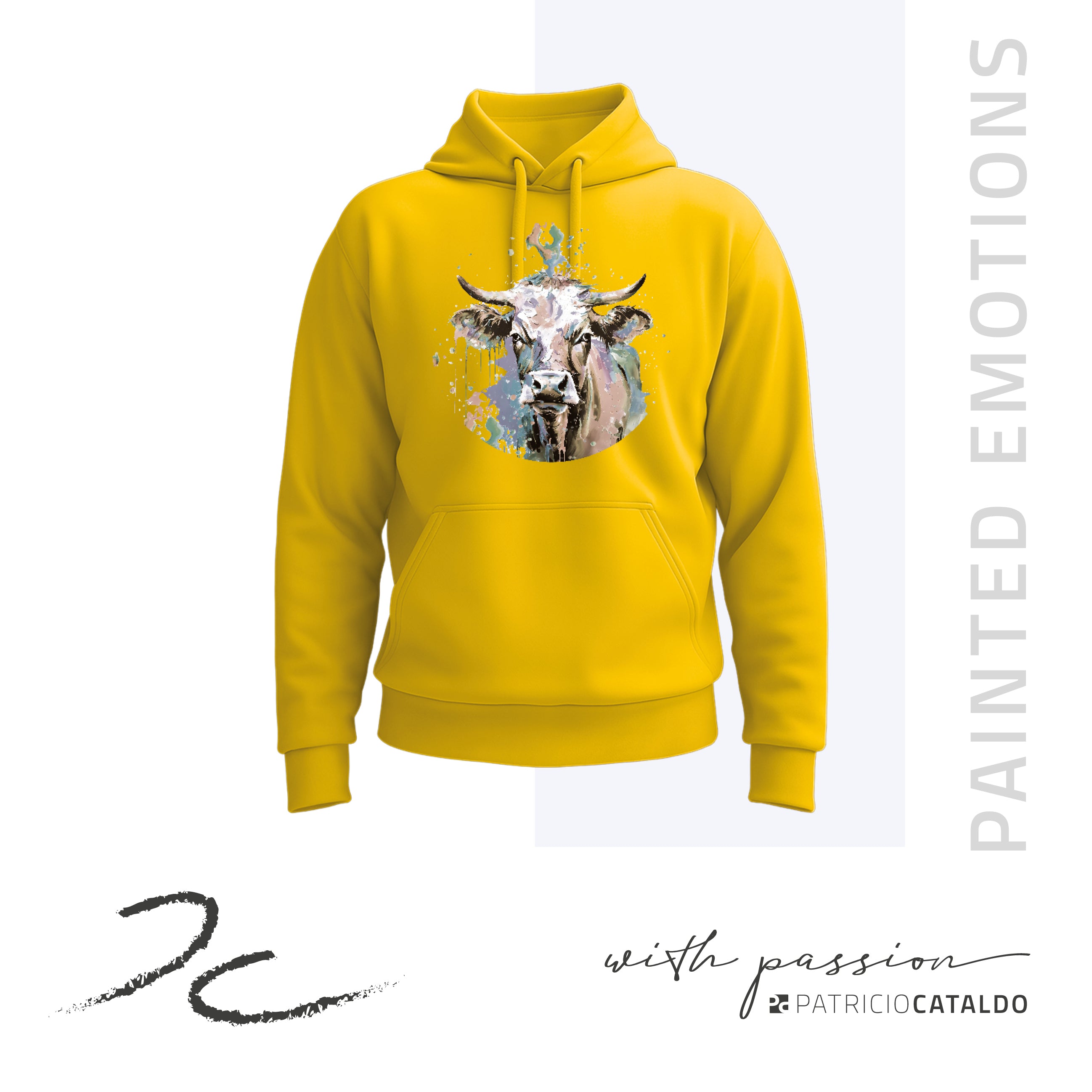 Unisex Kapuzenpullover * Hoodie * Kuh "Mimi" Pastell Print * gelb * Patricio Cataldo * 80% Bio Baumwolle * 20% recycelter Polyester * Hergestellt in Polen