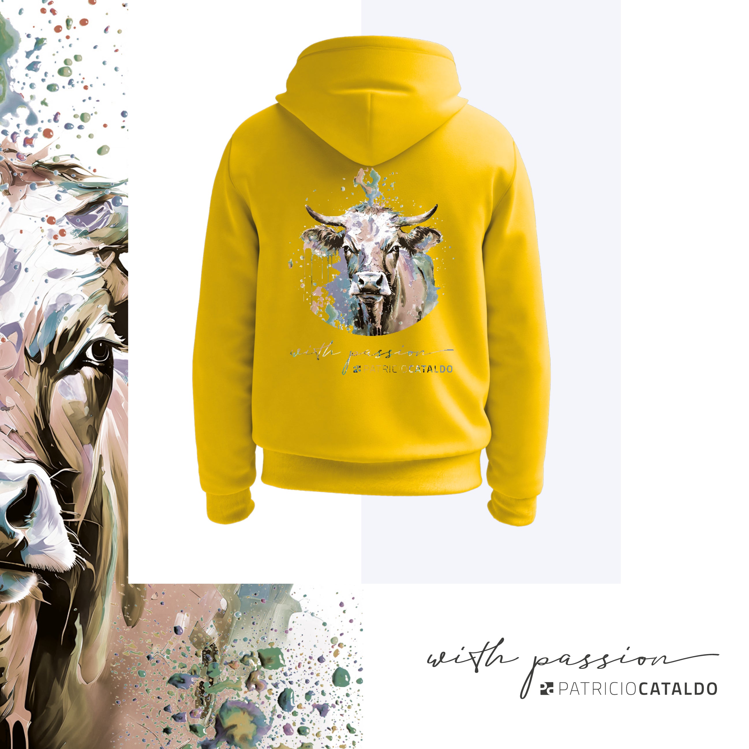 Unisex Kapuzenpullover * Hoodie * Kuh "Mimi" Pastell Print * gelb * Patricio Cataldo * 80% Bio Baumwolle * 20% recycelter Polyester * Hergestellt in Polen