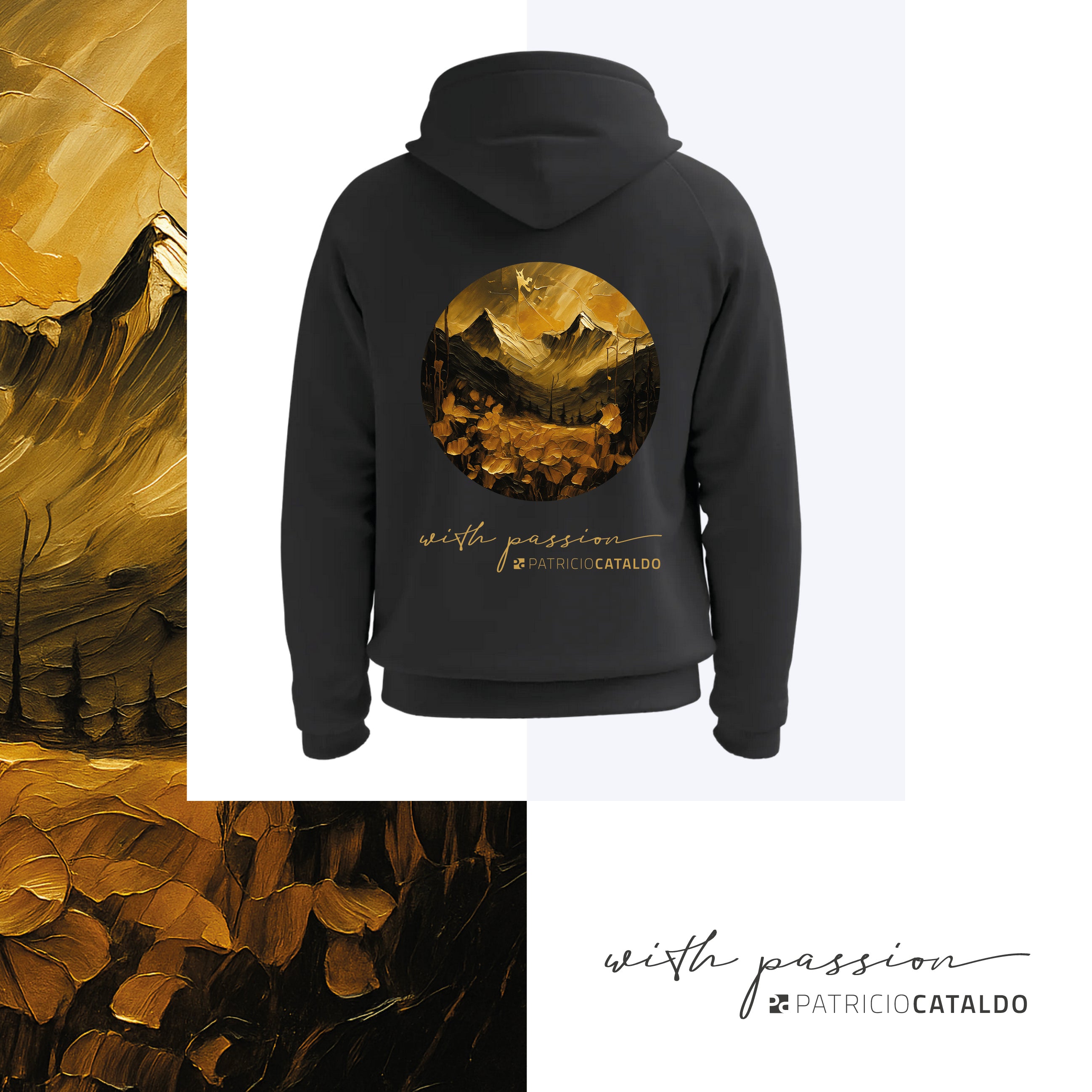 Unisex Kapuzenpullover * Hoodie * Mountains Print * schwarz * Patricio Cataldo * 80% Bio Baumwolle * 20% recycelter Polyester * Hergestellt in Polen