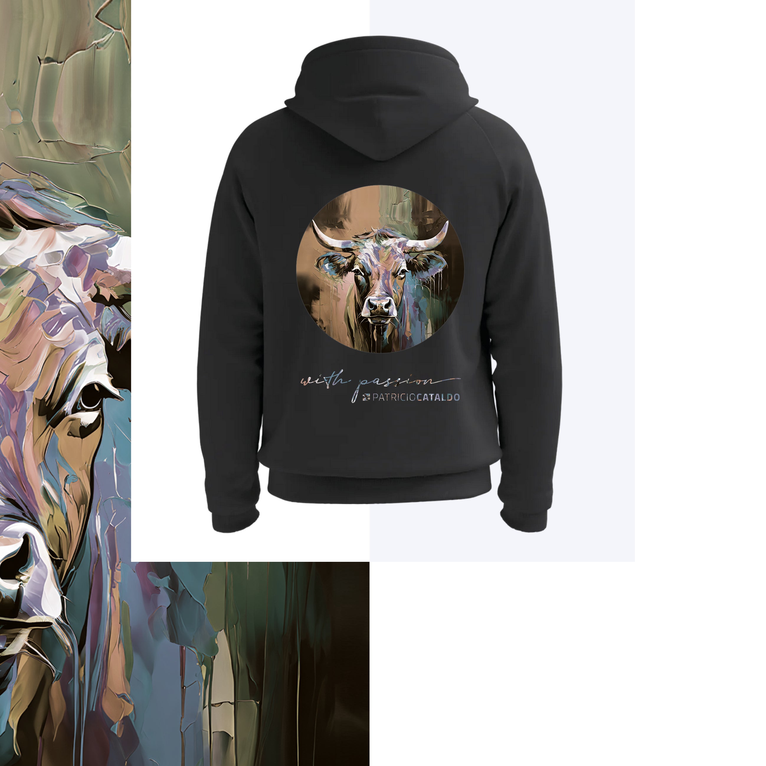 Unisex Kapuzenpullover * Hoodie * Kuh "Maja" Print * Patricio Cataldo * 80% Bio Baumwolle * 20% recycelter Polyester * Hergestellt in Polen