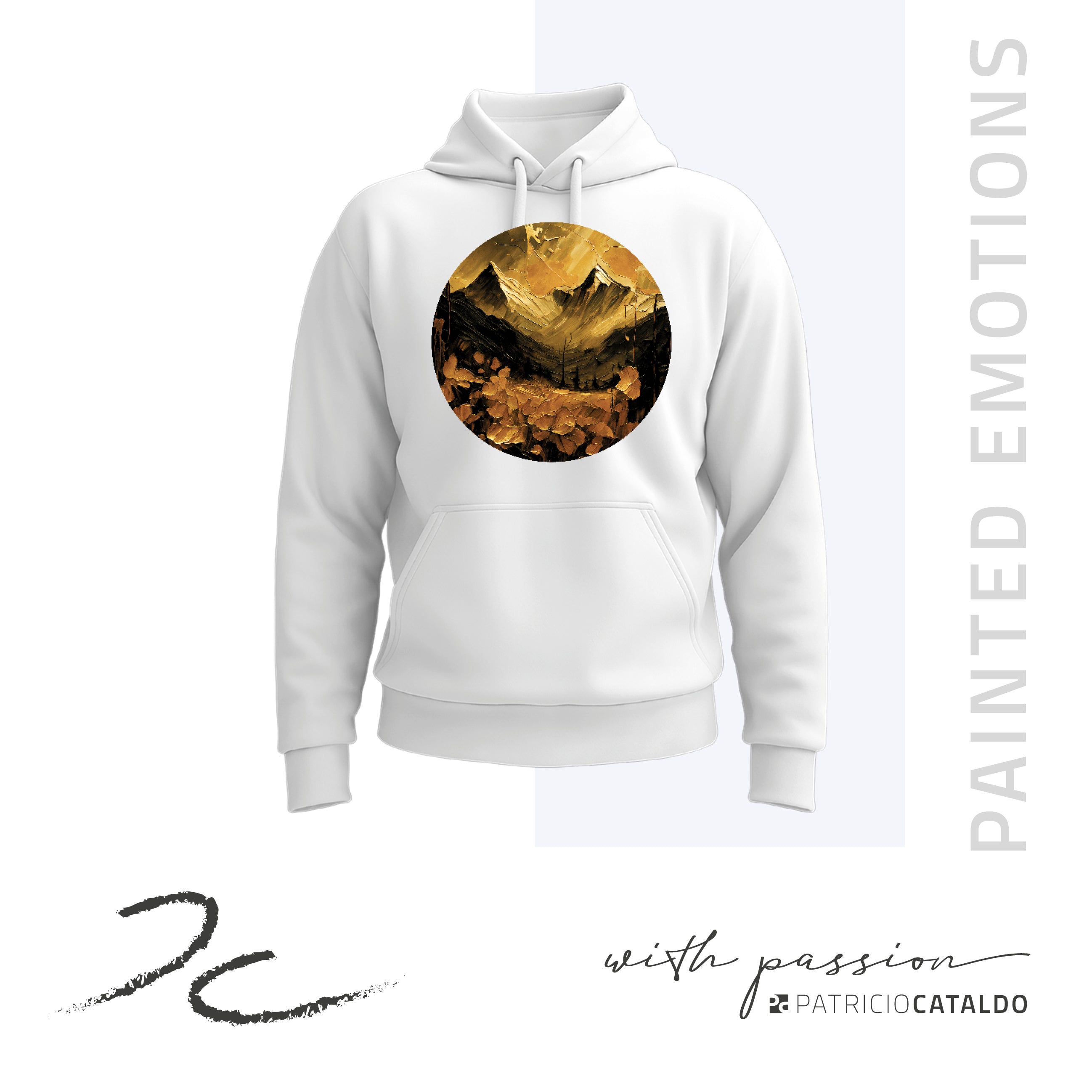 Unisex Kapuzenpullover * Hoodie * Mountains Print * weiß * Patricio Cataldo * 80% Bio Baumwolle * 20% recycelter Polyester * Hergestellt in Polen