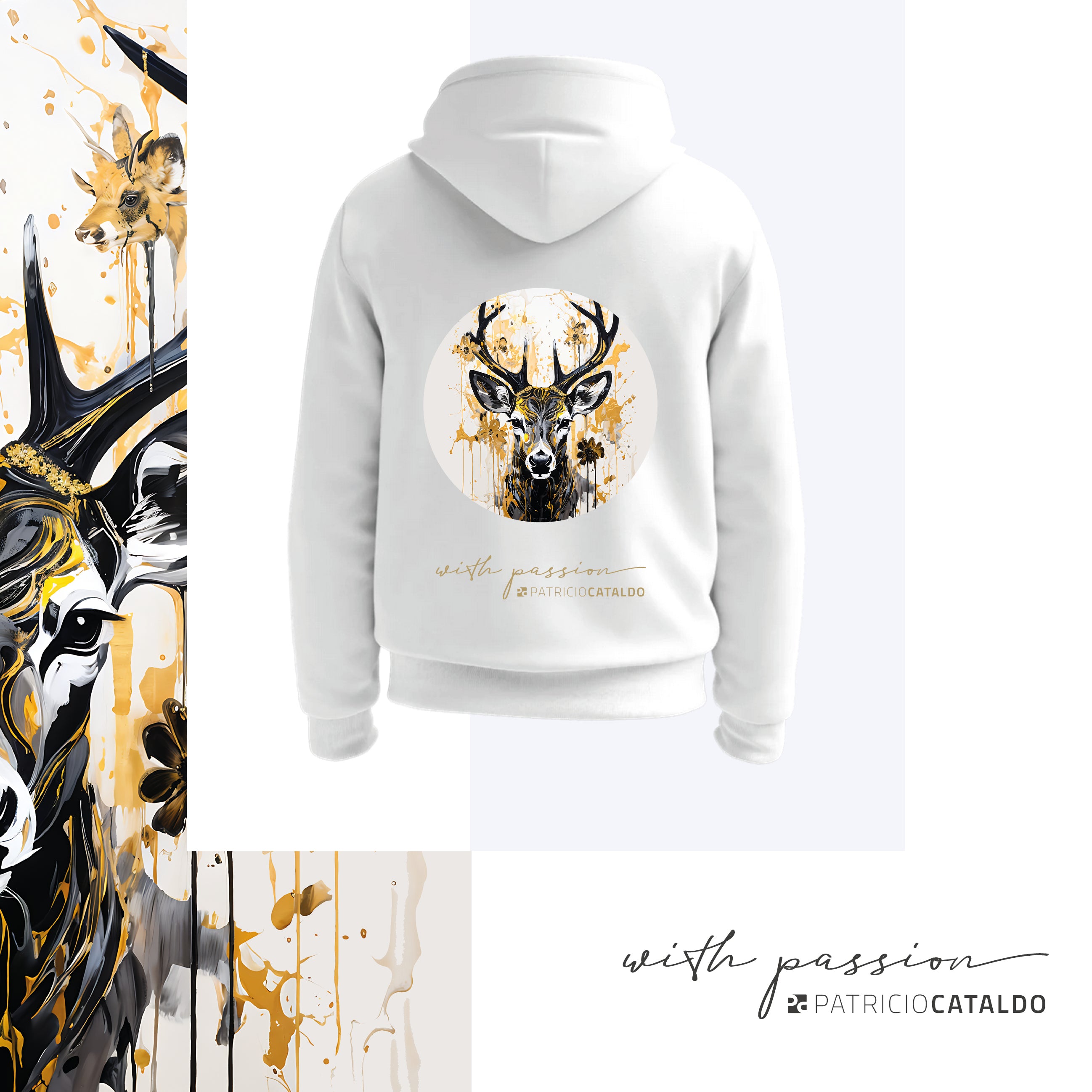 Unisex Kapuzenpullover * Hoodie * Hirsch "Hubert" Print * weiß * Patricio Cataldo * 80% Bio Baumwolle * 20% recycelter Polyester * Hergestellt in Polen