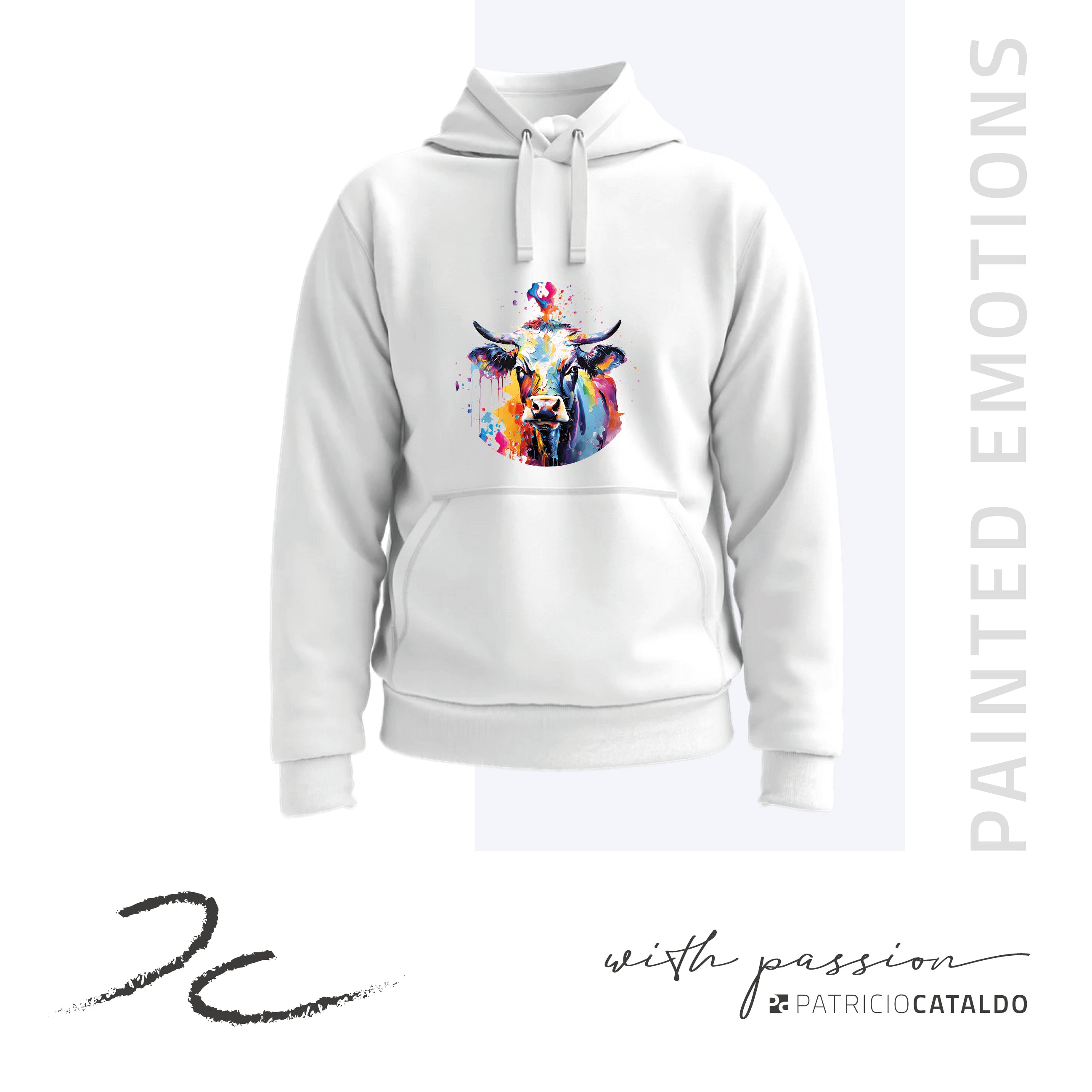 Unisex Kapuzenpullover * Hoodie * Kuh "Mimi" Print * Patricio Cataldo * 80% Bio Baumwolle * 20% recycelter Polyester * Hergestellt in Polen