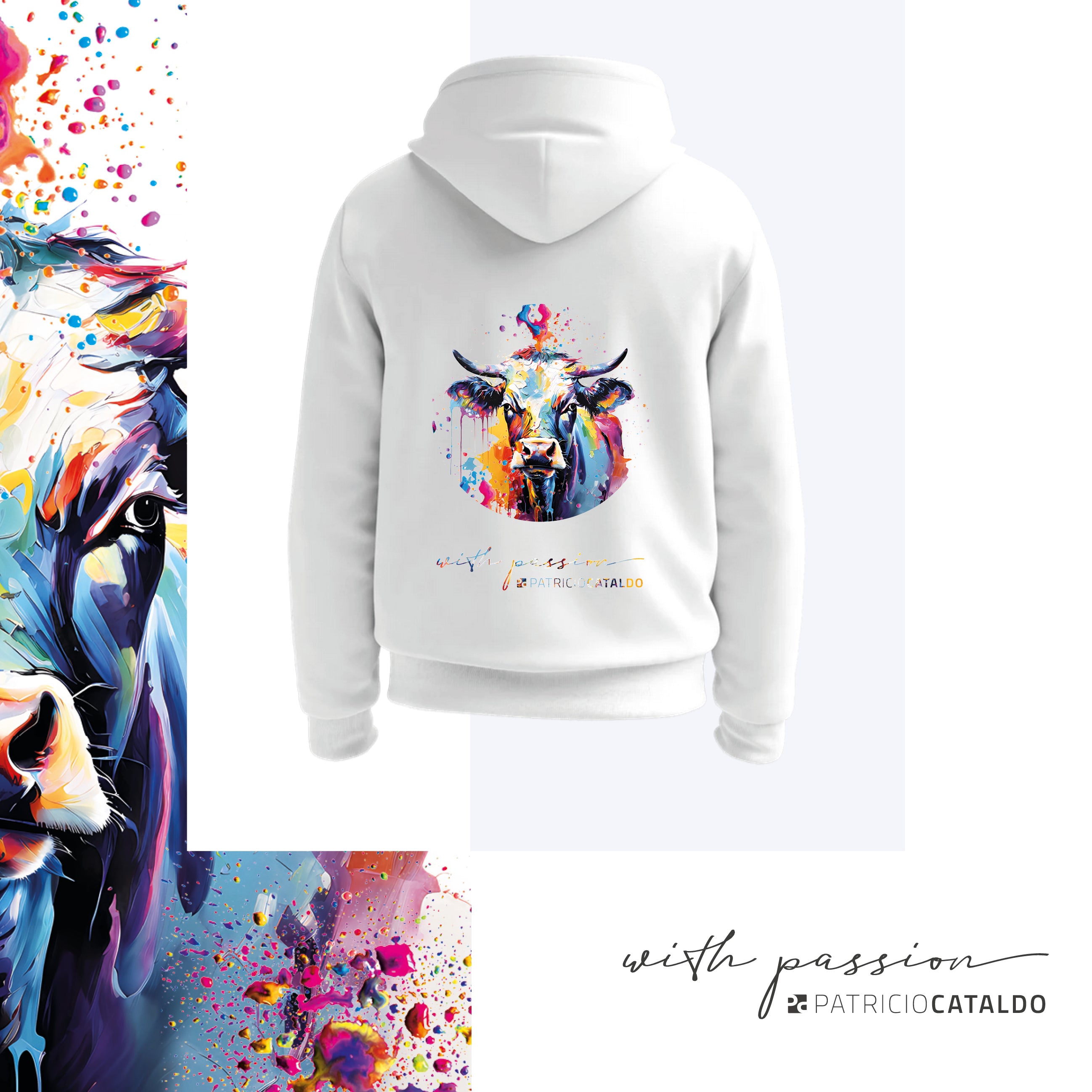 Unisex Kapuzenpullover * Hoodie * Kuh "Mimi" Print * Patricio Cataldo * 80% Bio Baumwolle * 20% recycelter Polyester * Hergestellt in Polen