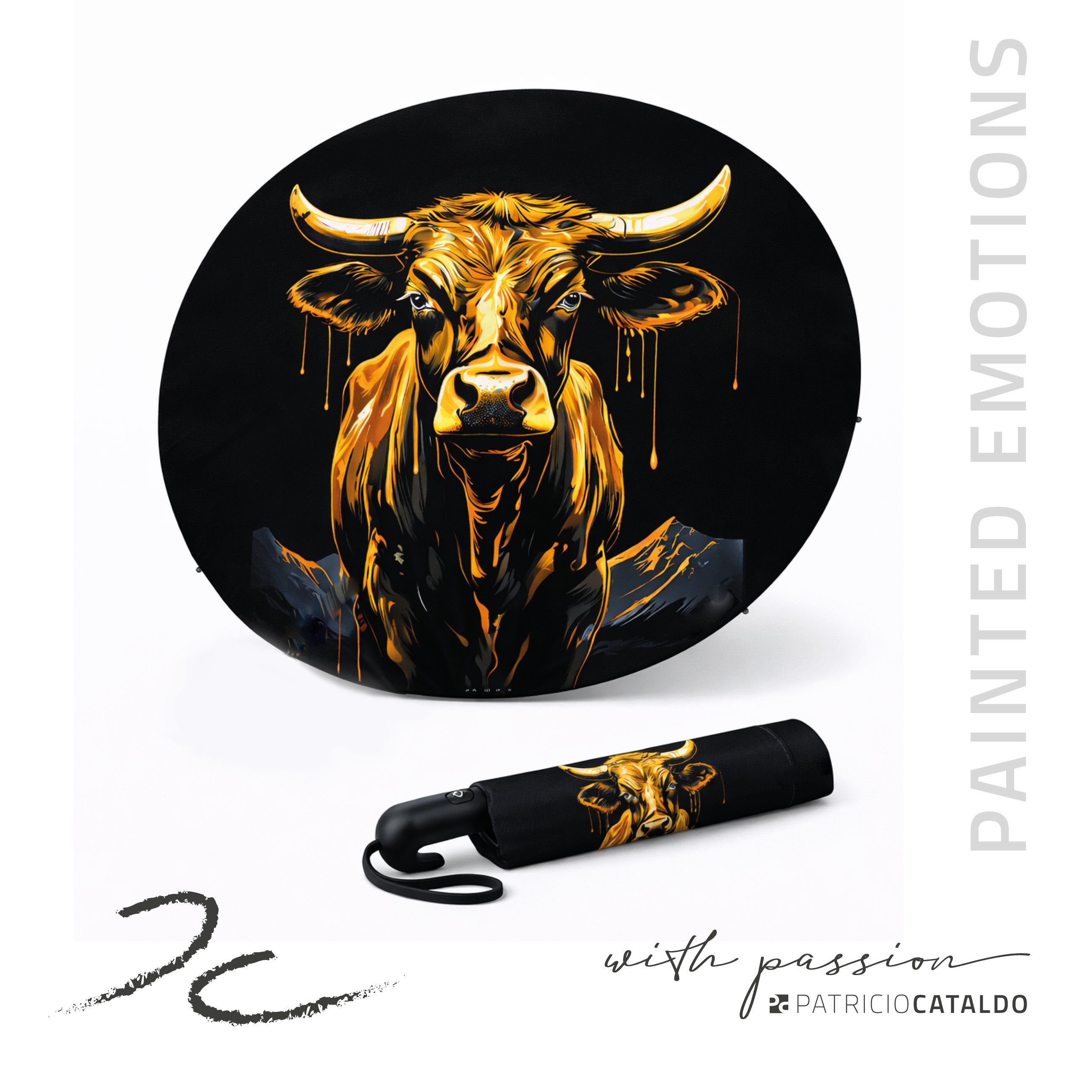 Automatischer Taschenregenschirm * 8 Rippen * leicht und robust * Kuh "Aurora" Print * Patricio Cataldo