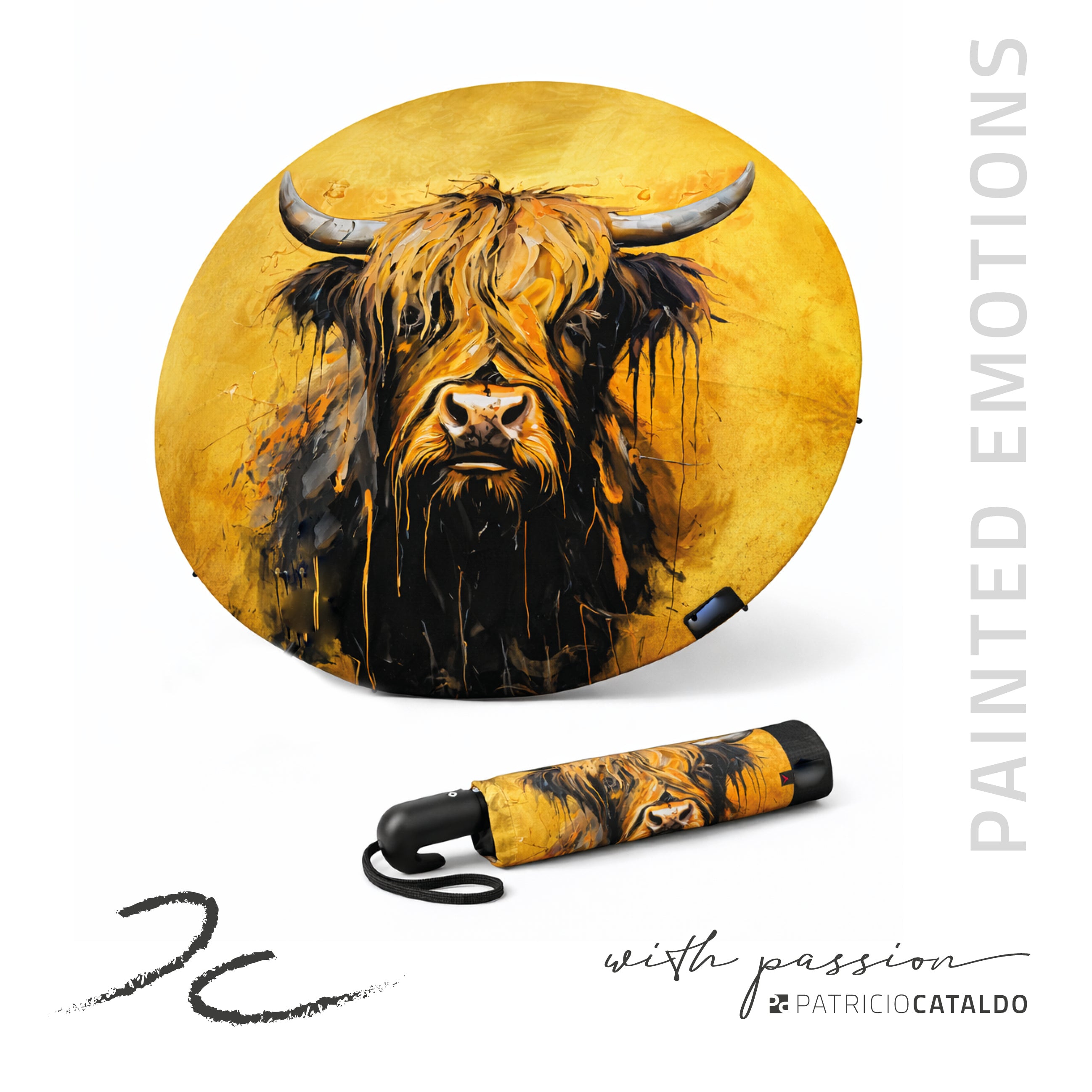 Taschenregenschirm * 8 Rippen * leicht und robust * Hochlandrind "Gloria" Print * Patricio Cataldo