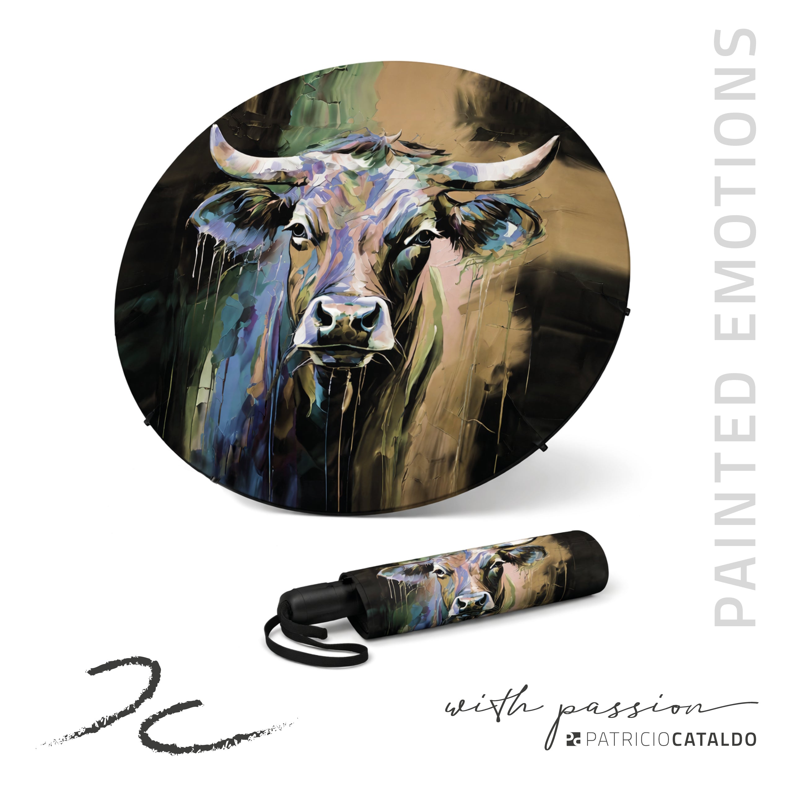 Taschenregenschirm * 8 Rippen * leicht und robust * Kuh "Maja" Print * Patricio Cataldo