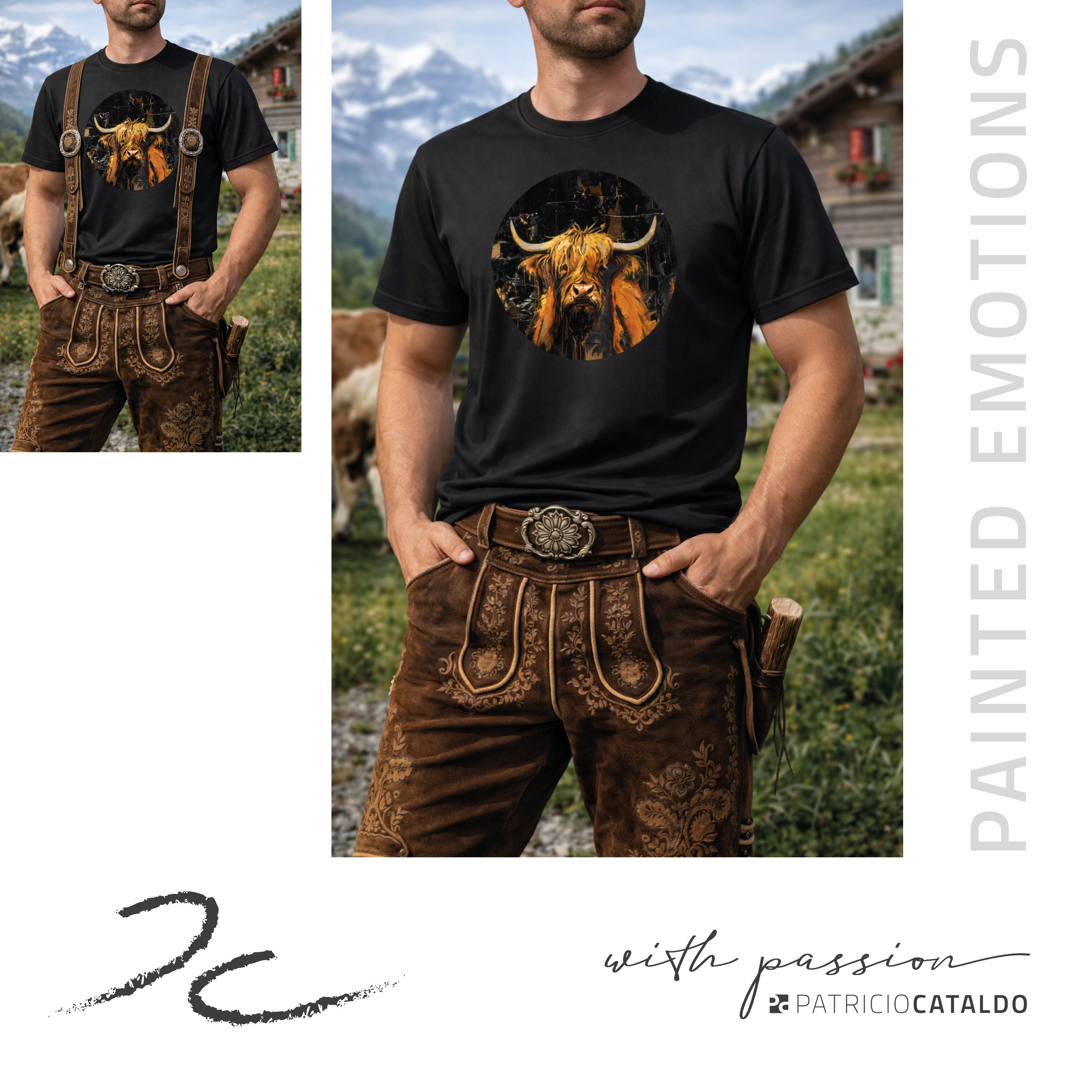 Unisex T-Shirt * Print Hochlandrind "Gina" * schwarz * T-Shirt zur Lederhose * Patricio Cataldo * 100% Baumwolle