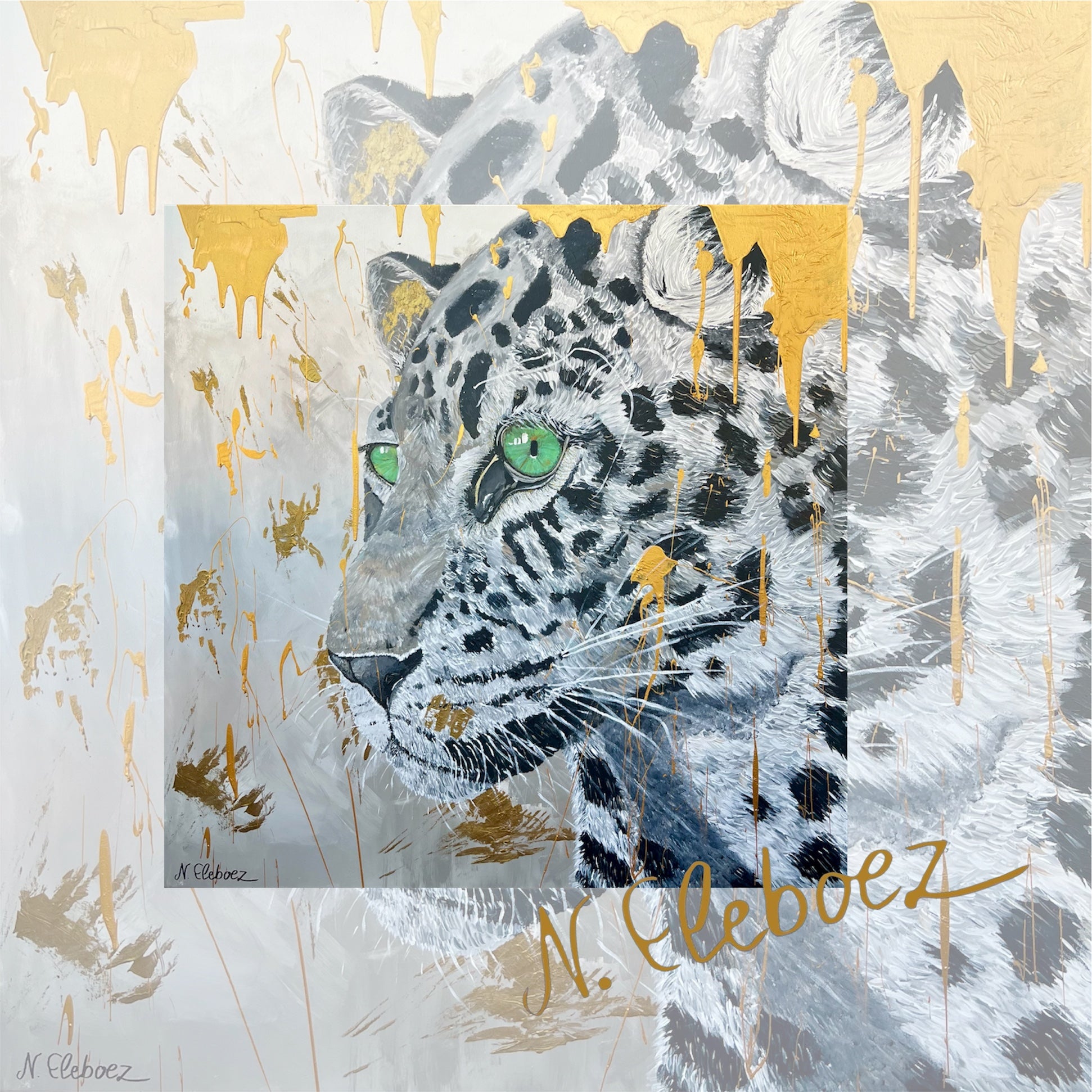 Kunstdruck * Acryl auf Leinwand * Leopard * Nirtak Eleboez * verschiedene Größen * Schwarz-Weiß-Gold Kollektion