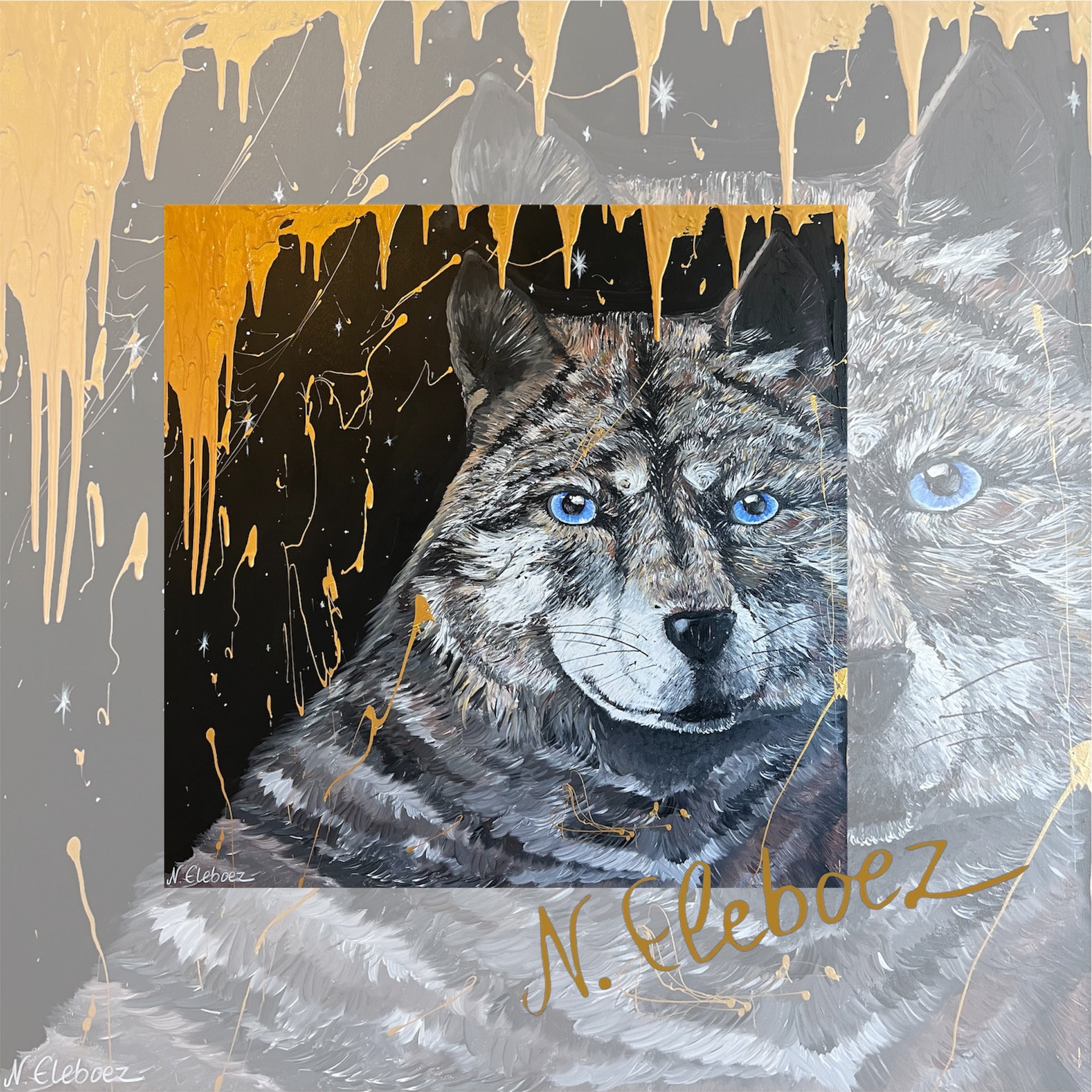 Kunstdruck * Acryl auf Leinwand * Wolf * Nirtak Eleboez * verschiedene Größen * Schwarz-Weiß-Gold Kollektion