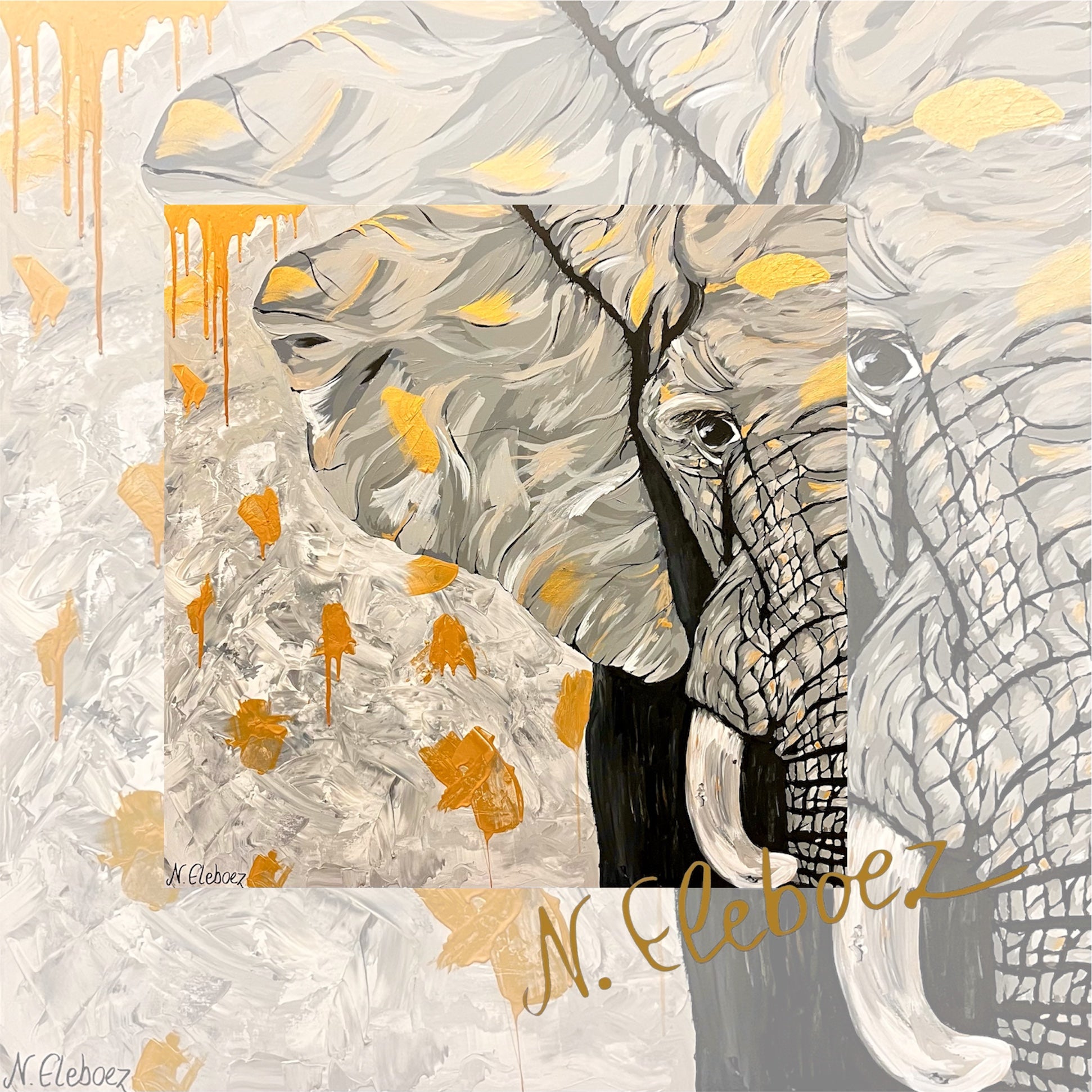Kunstdruck * Acryl auf Leinwand * Elefant * Nirtak Eleboez * verschiedene Größen * Schwarz-Weiß-Gold Kollektion
