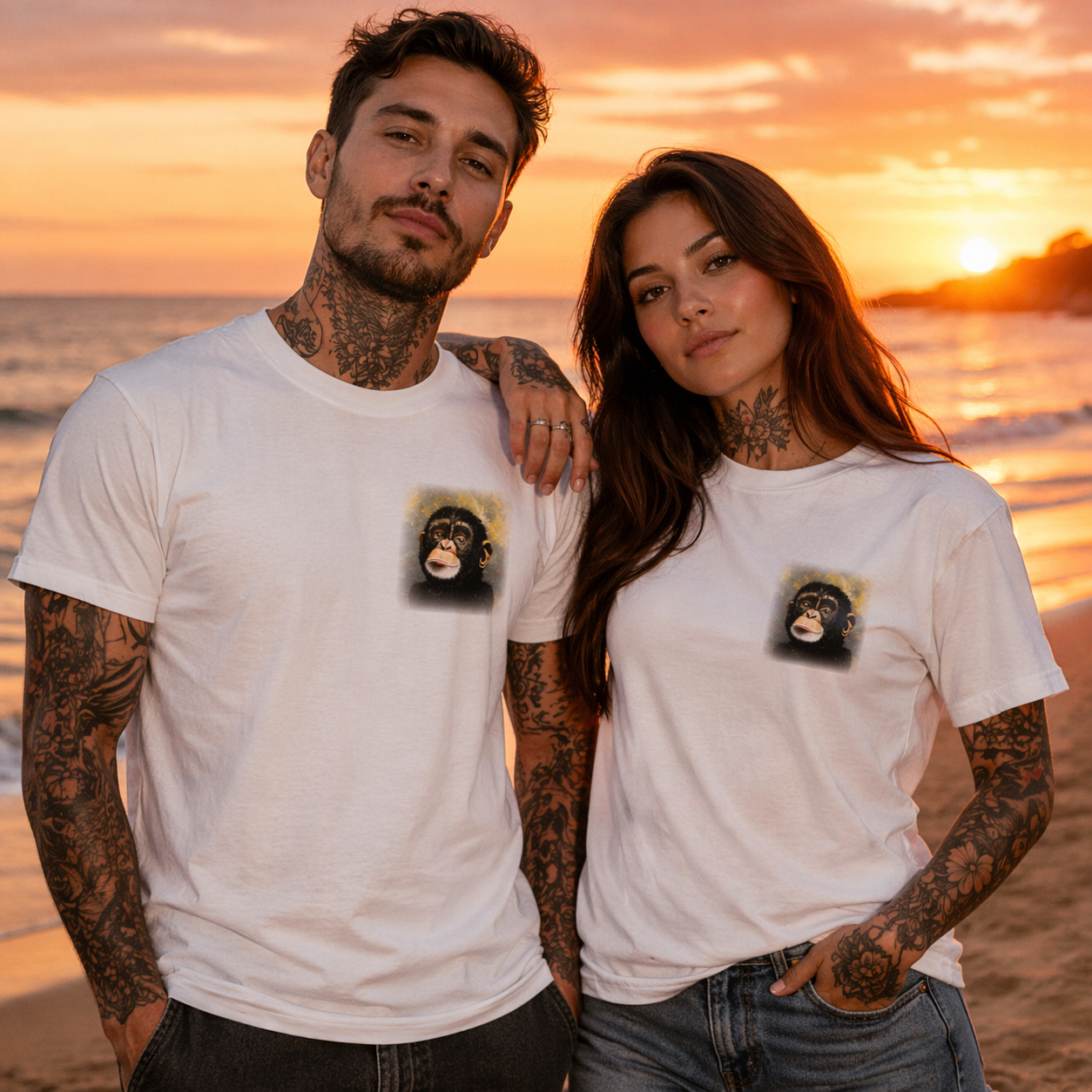 Unisex T-Shirt * handsigniert * Unikate * Kunstprint Vorder- & Rückseite * Schimpanse * weiß * T-Shirt * Nirtak Eleböz * 100% Baumwolle
