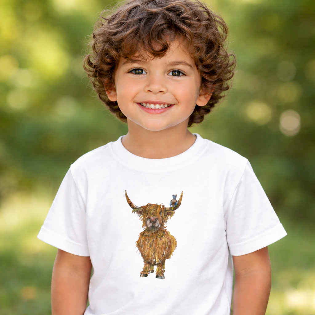 Kinder T-Shirt * Print Vorderseite Hochlandrind * weiß * T-Shirt * regarts.de * 100% Baumwolle