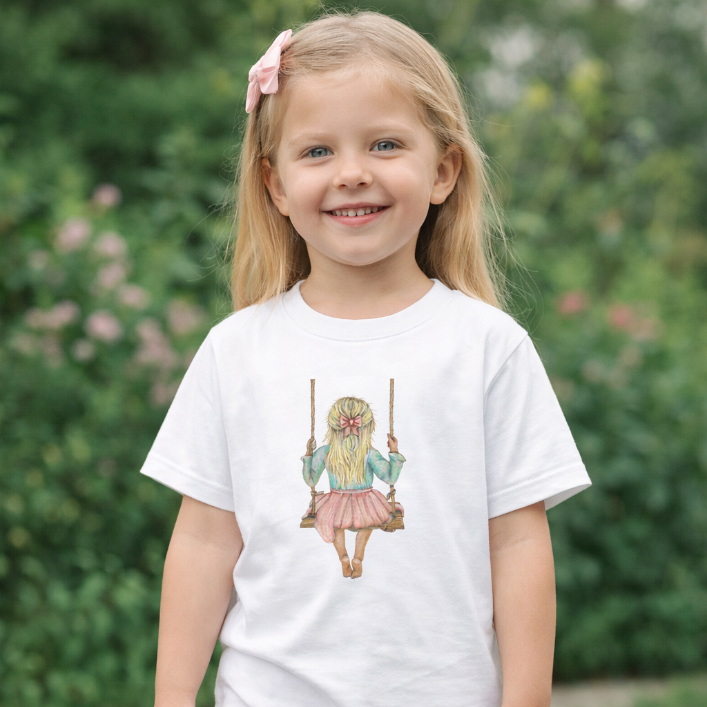 Kinder T-Shirt * Print Vorderseite Mädchen auf Schaukel * weiß * T-Shirt * regarts.de * 100% Baumwolle