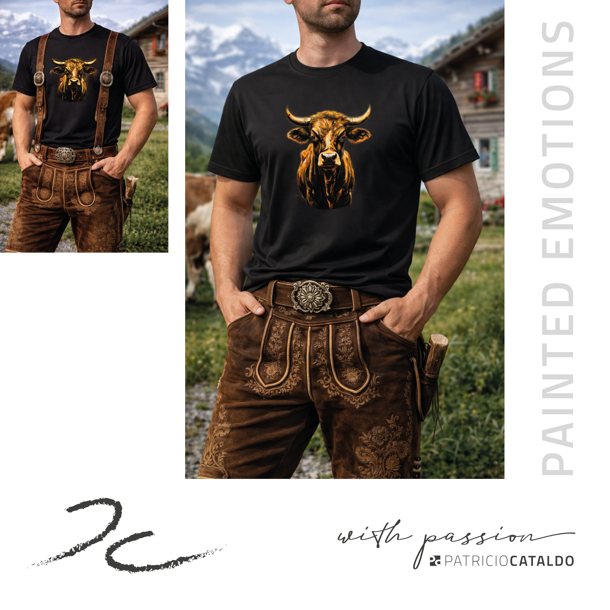 Unisex T-Shirt * Print Kuh "Aurora" * schwarz * T-Shirt zur Lederhose * Patricio Cataldo * 100% Baumwolle