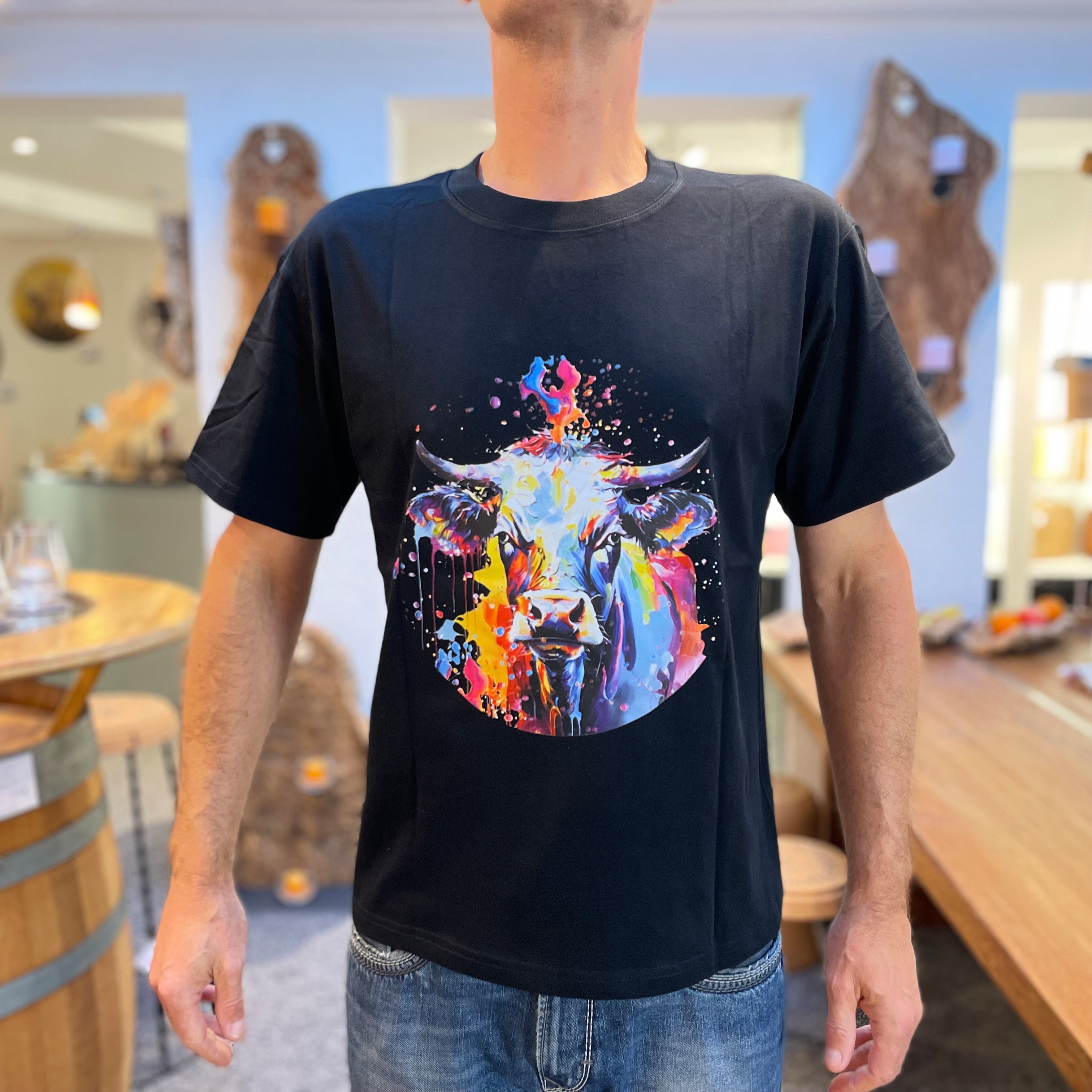Unisex T-Shirt * Print Kuh "Mimi" * schwarz * T-Shirt zur Lederhose * Patricio Cataldo * 100% Baumwolle
