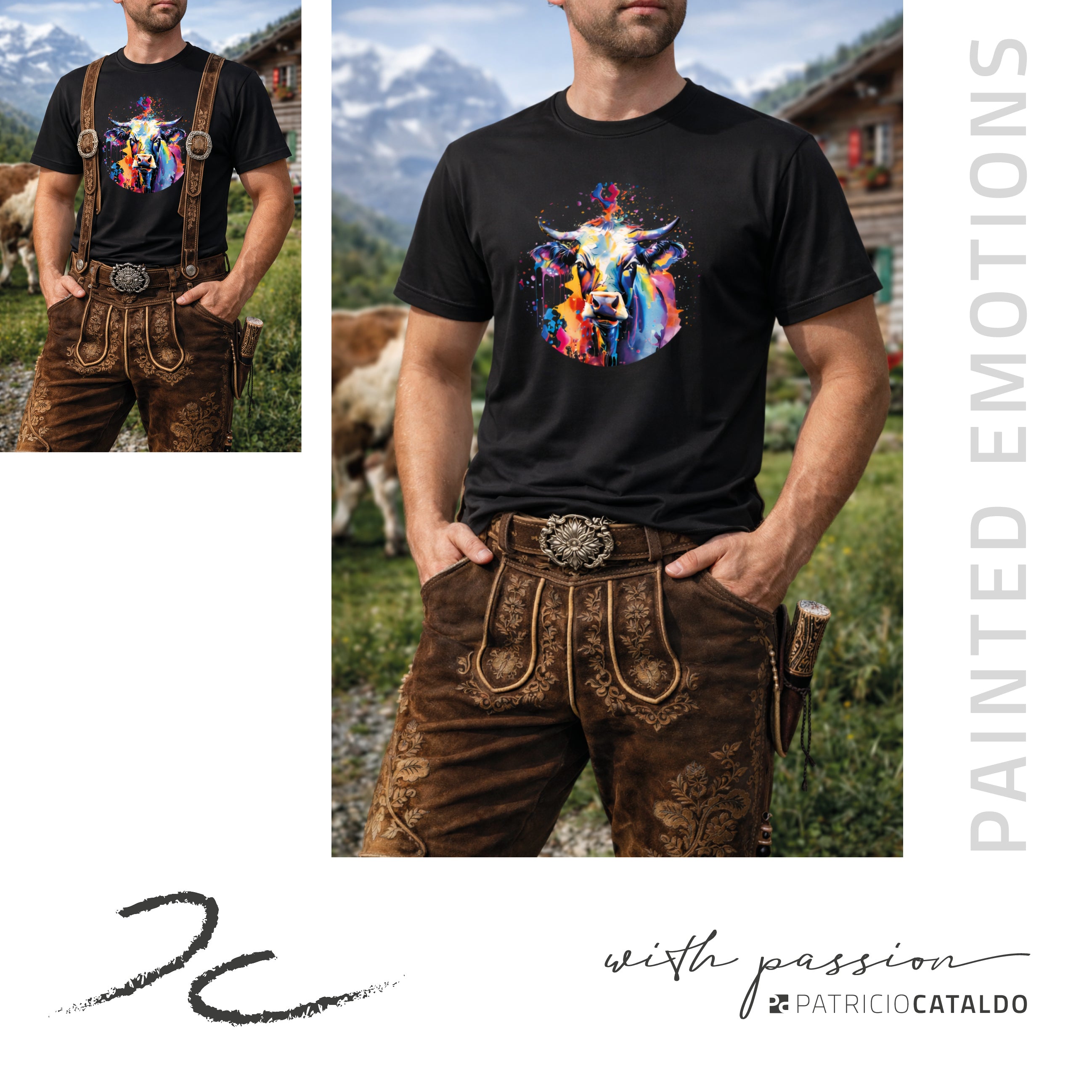 Unisex T-Shirt * Print Kuh "Mimi" * schwarz * T-Shirt zur Lederhose * Patricio Cataldo * 100% Baumwolle