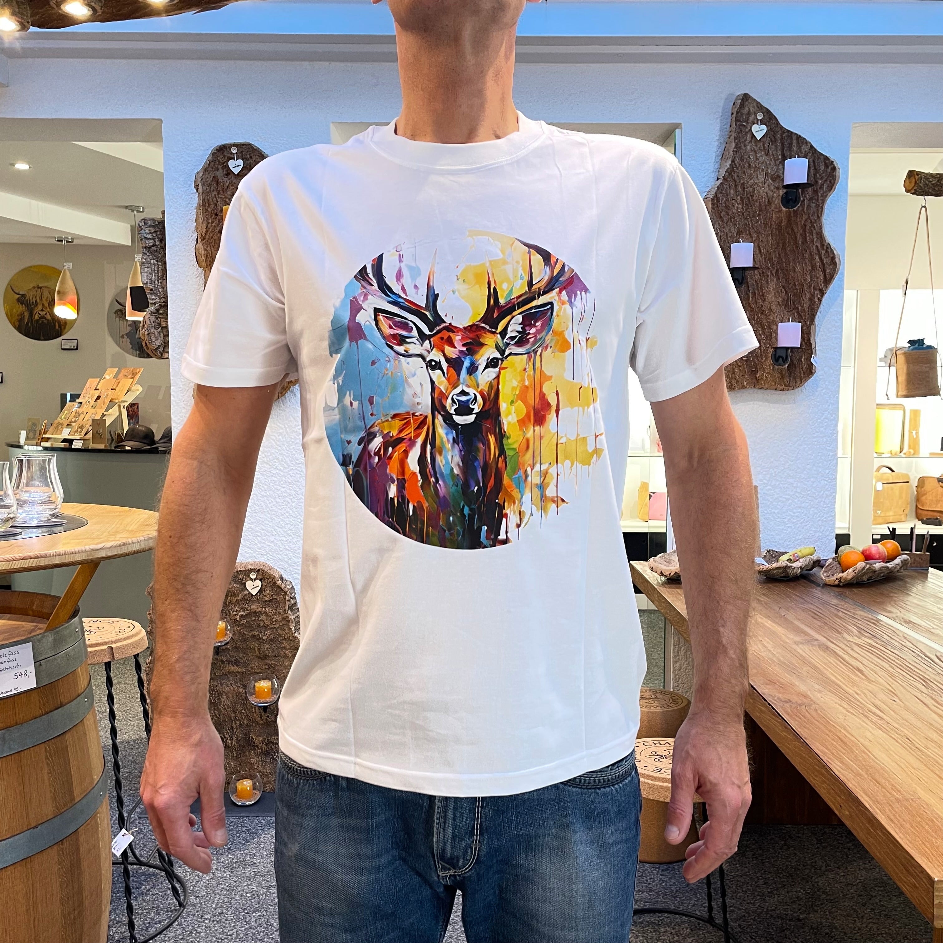 Unisex T-Shirt * Print Hirsch "Heinrich" * weiß * T-Shirt zur Lederhose * Patricio Cataldo * 100% Baumwolle