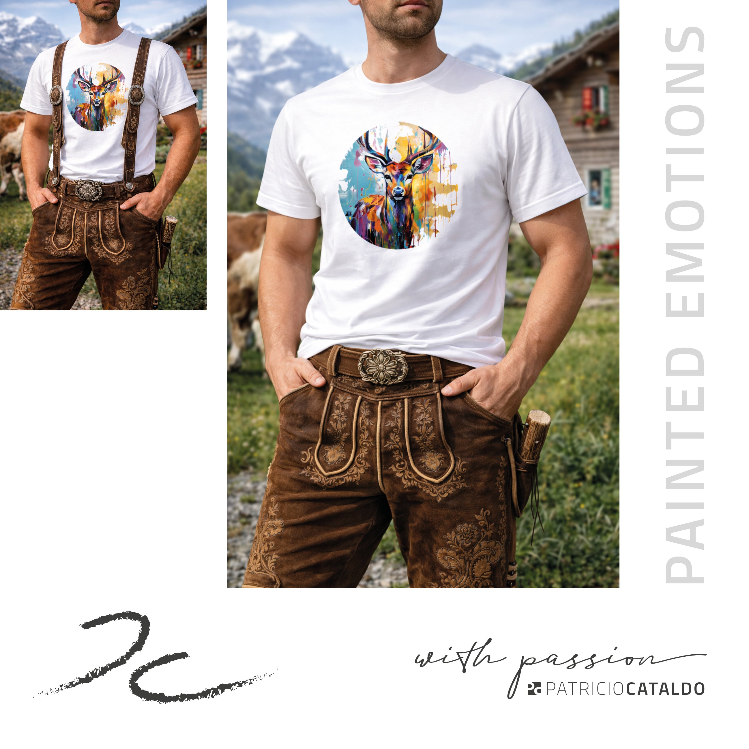 Unisex T-Shirt * Print Hirsch "Heinrich" * weiß * T-Shirt zur Lederhose * Patricio Cataldo * 100% Baumwolle