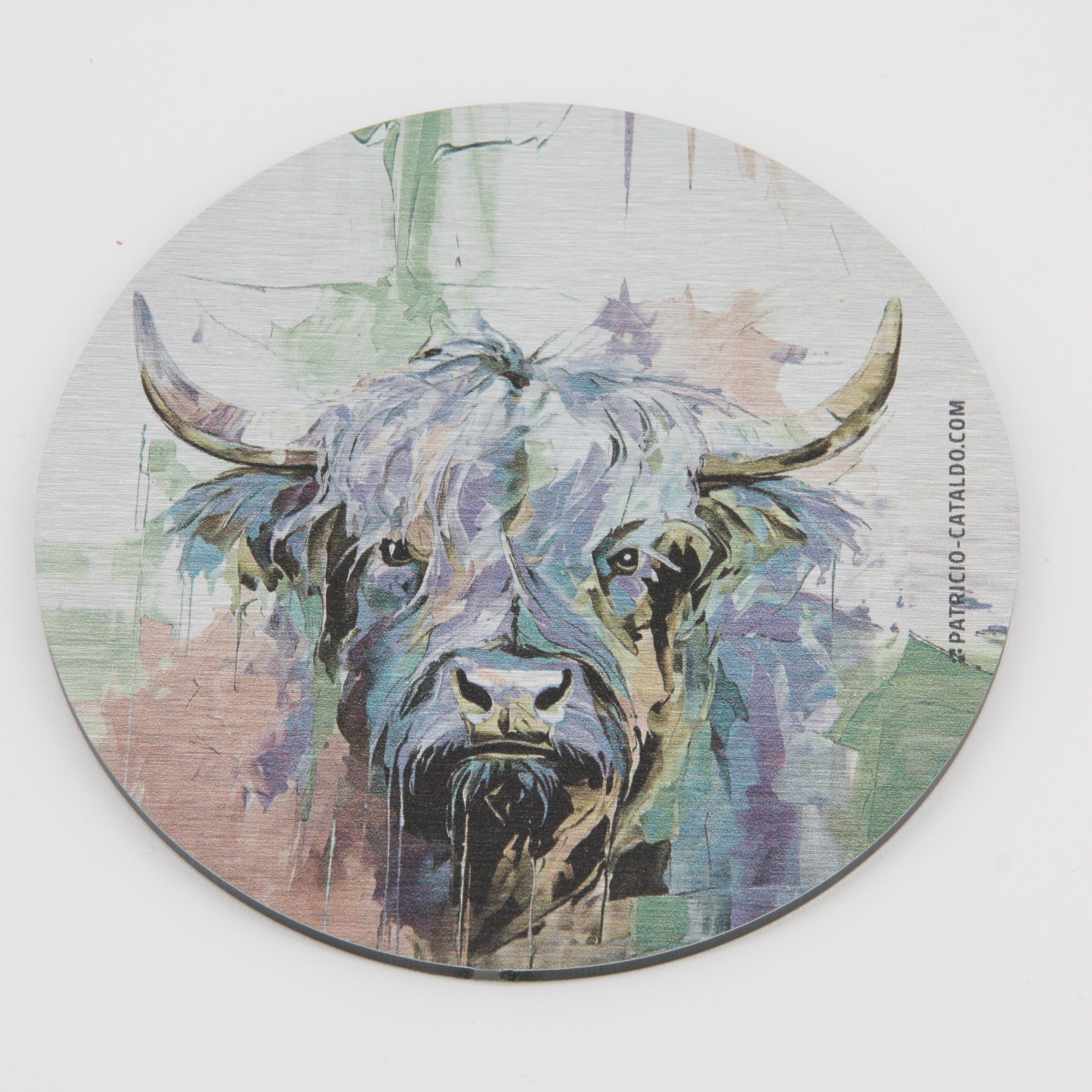 Design Glas-Untersetzer im Set * Alu Brillanz in Silber * Hochlandrind "Berta" Print * Patricio Cataldo