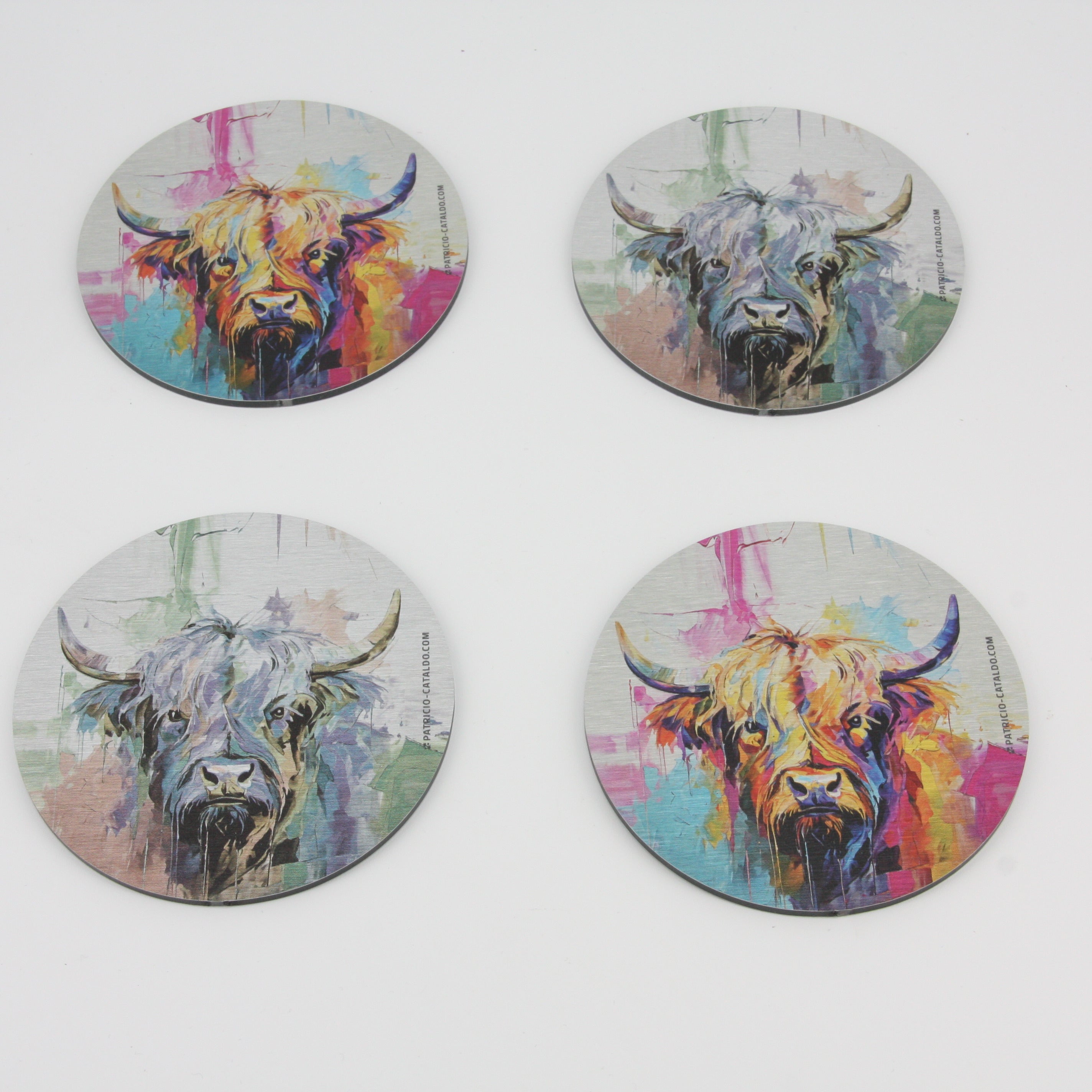 Design Glas-Untersetzer im Set * Alu Brillanz in Silber * Hochlandrind "Berta" Print * Patricio Cataldo