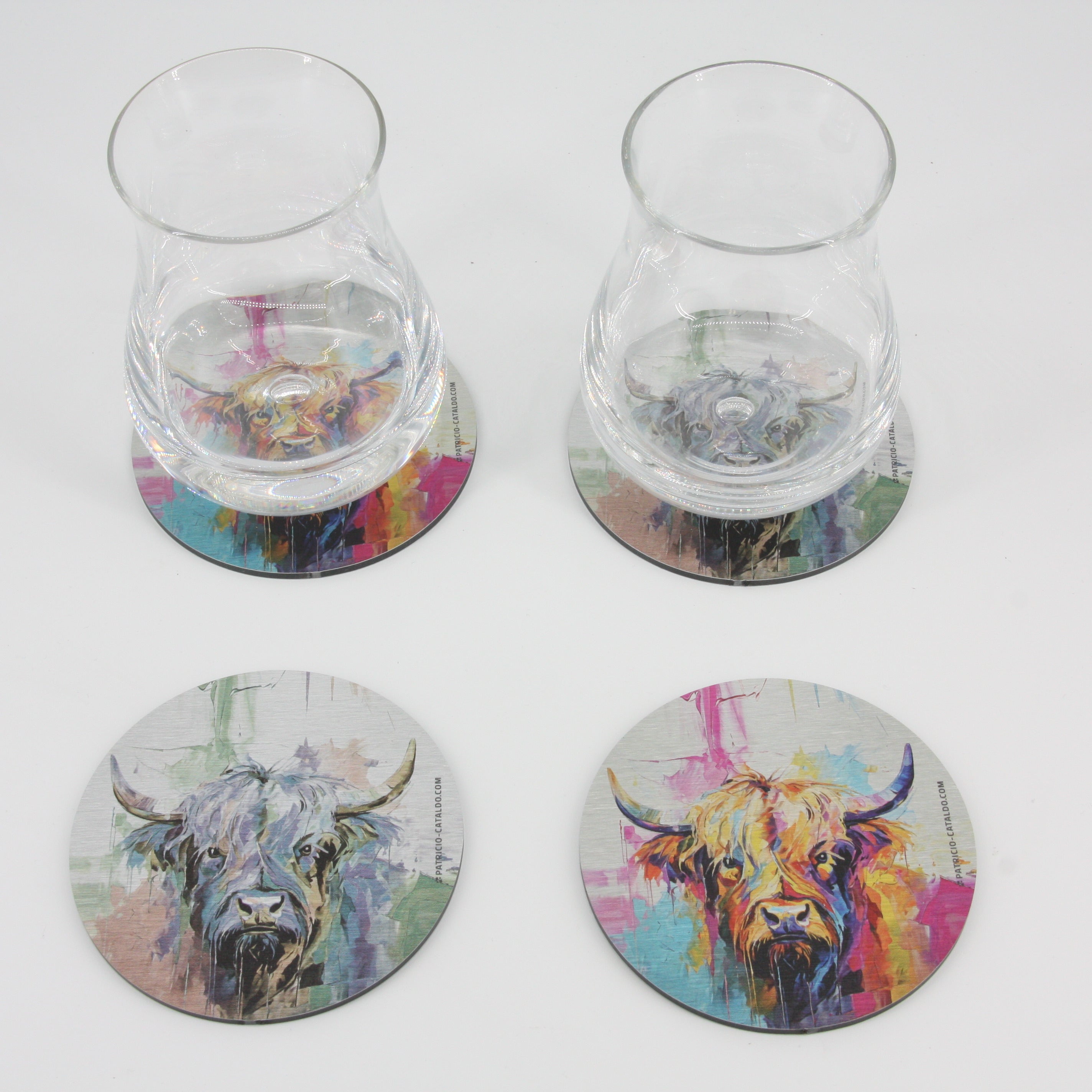 Design Glas-Untersetzer im Set * Alu Brillanz in Silber * Hochlandrind "Berta" Print * Patricio Cataldo