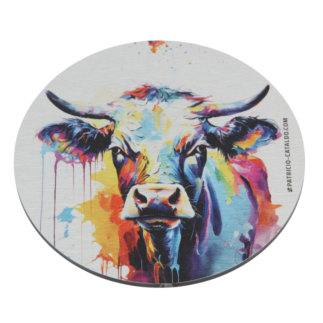 Design Glas-Untersetzer im Set * Alu Brillanz in Silber * Kuh "Mimi" Print * Patricio Cataldo
