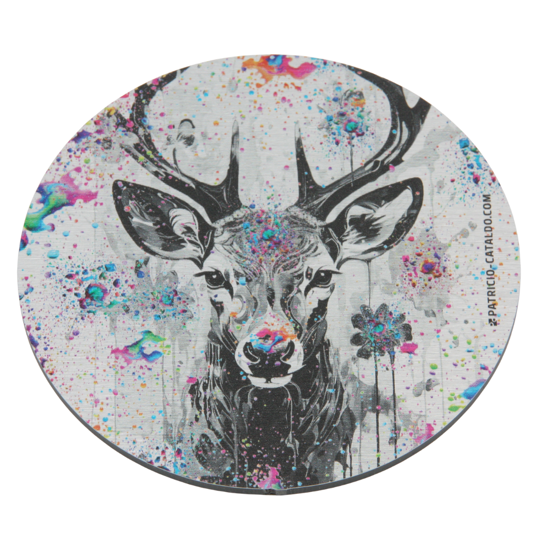 Design Glas-Untersetzer im Set * Alu Brillanz in Silber * Kuh "Mimi" und Hirsch "Hans" Print * Patricio Cataldo