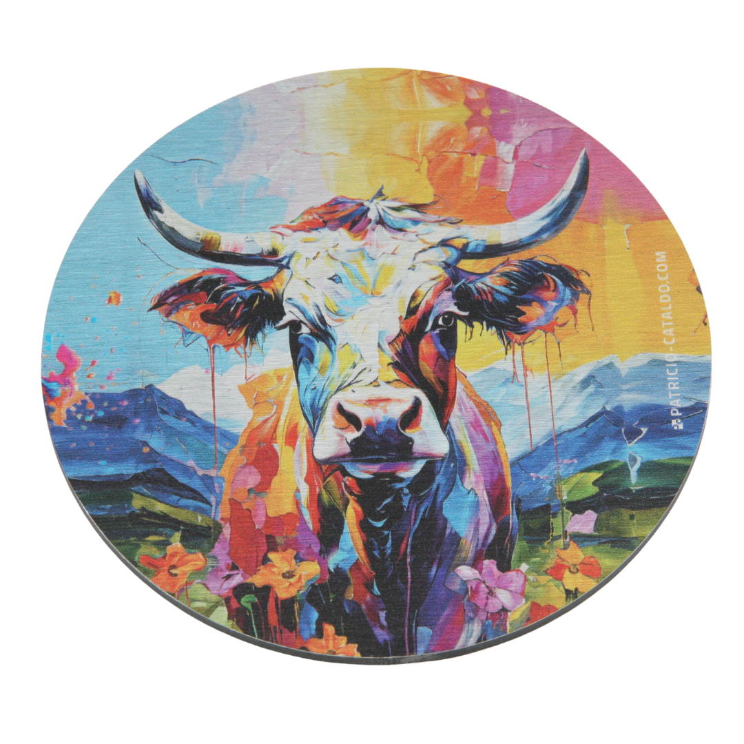 Design Glas-Untersetzer im Set * Alu Brillanz in Silber * Kuh "Meli" Print * Patricio Cataldo