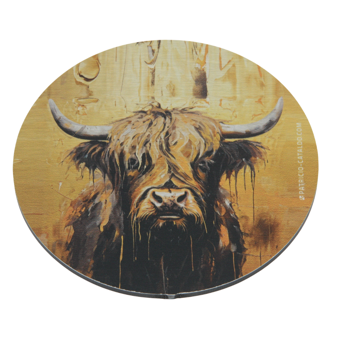 Design Glas-Untersetzer im Set * Alu Brillanz in Silber * Hochlandrind "Gloria" Print * Patricio Cataldo