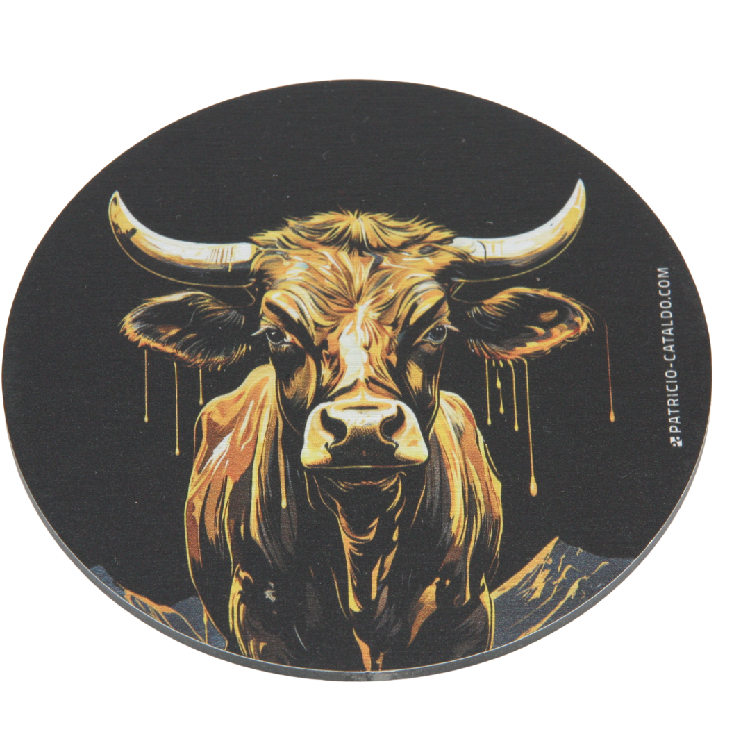 Design Glas-Untersetzer im Set * Alu Brillanz in Silber * Kuh "Aurora" und "Meli" Print * Patricio Cataldo